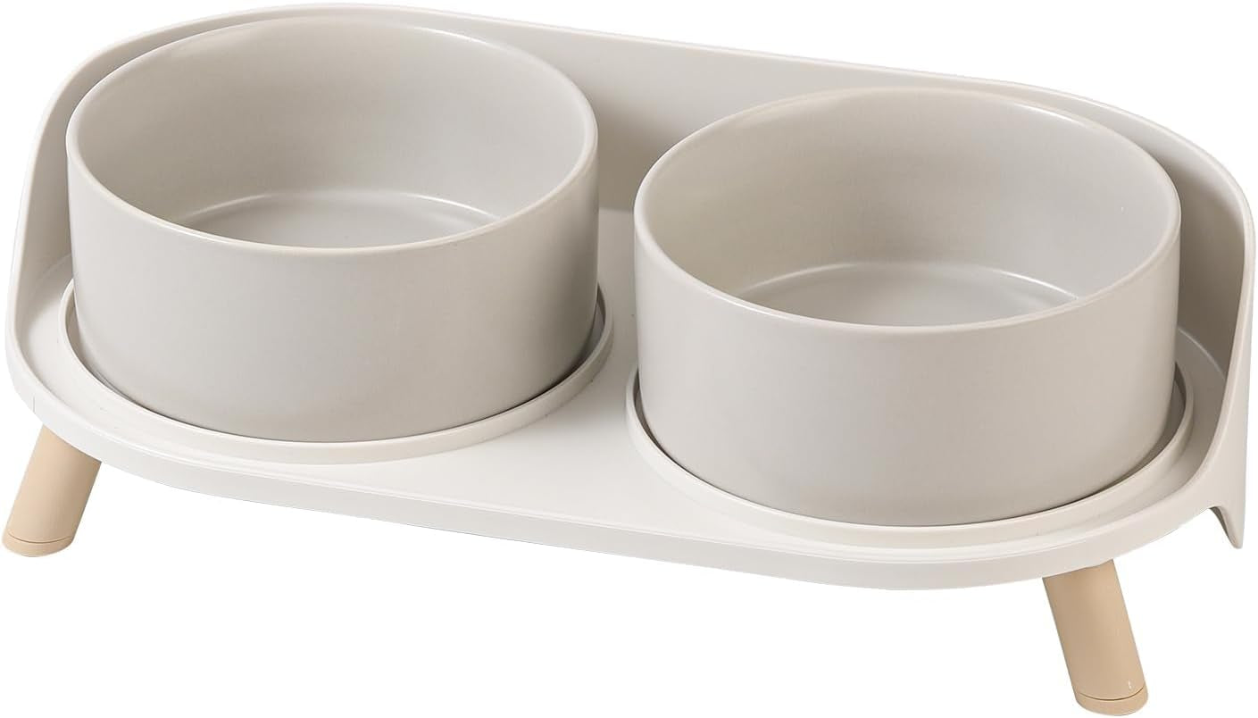Elevated Ceramic Cat & Dog Bowl Set with Splash Guard, Non-Slip Stand (2x480ml) Grey Medium
