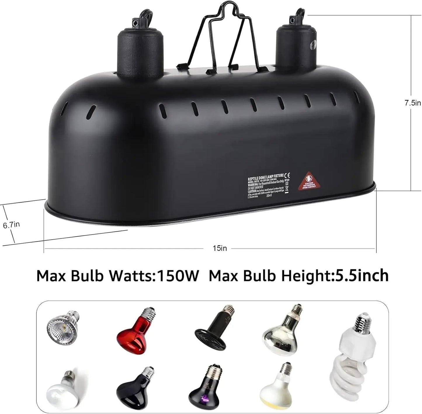 15" Dual Reptile Light Fixture w/ 100W UVA UVB & Ceramic Heat Lamp