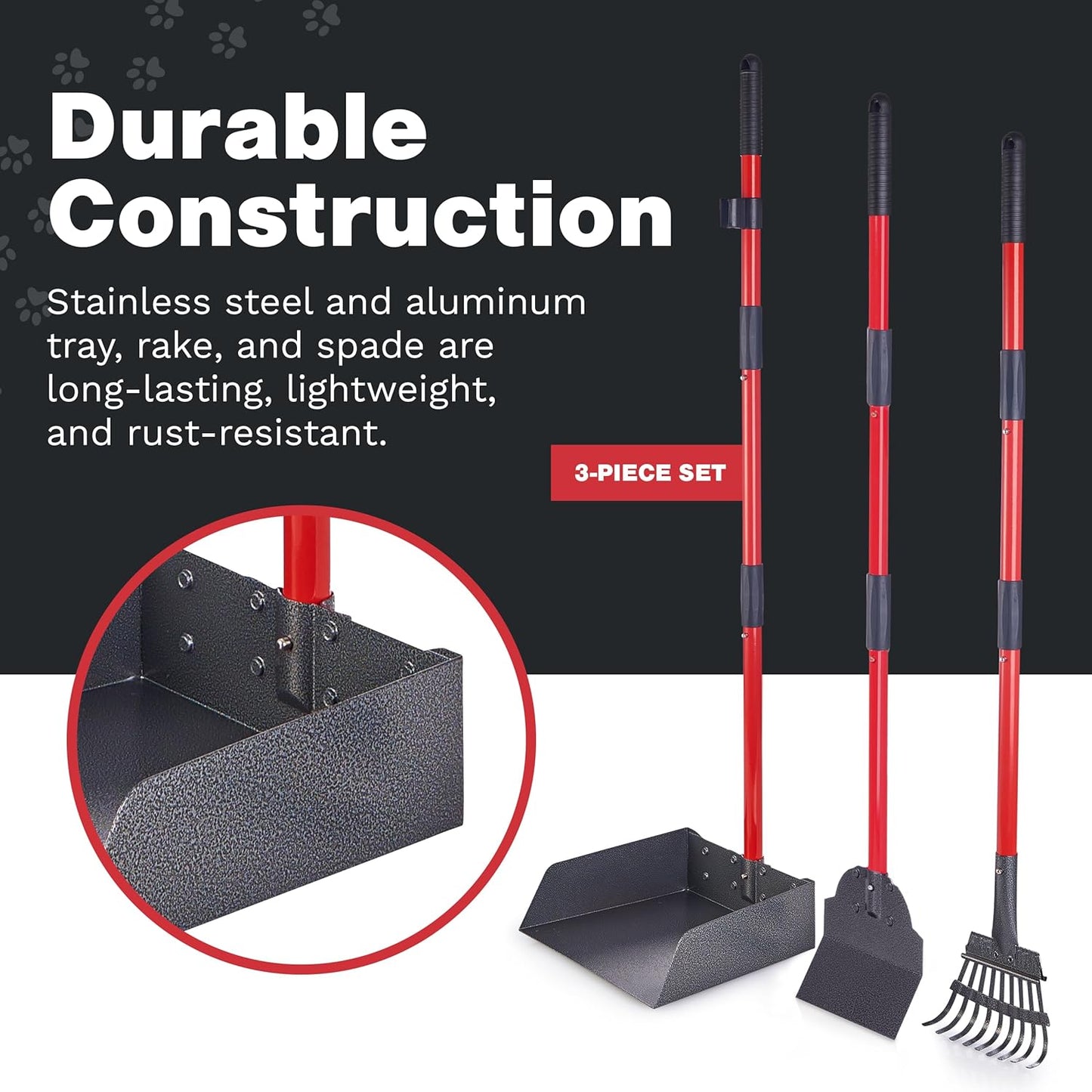 Metal Pooper Scooper Set with Long Handle Tray & Rake for Large Dogs