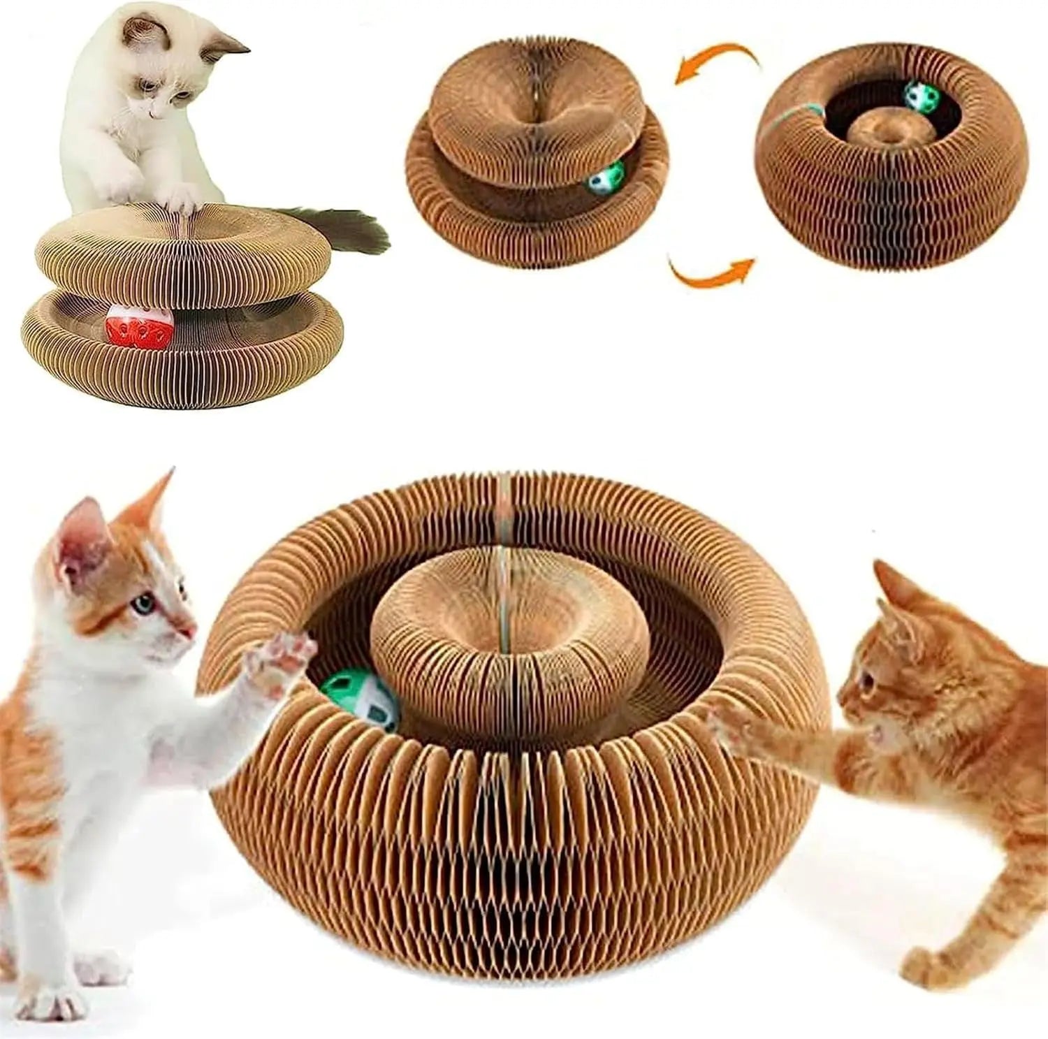 Foldable Scratcher Board with Ball, Recyclable Accordion Cat Toy (2 Pack)