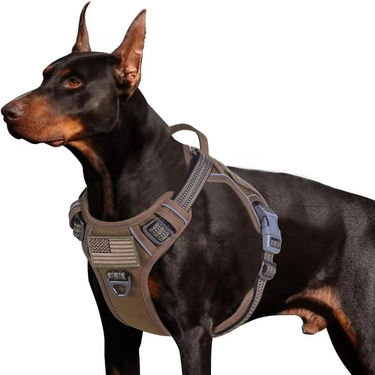 Tactical No Pull Dog Harness Large Dogs Adjustable Reflective Training Vest w/ Handle Brown L(Neck:19-25", Chest:21-35")