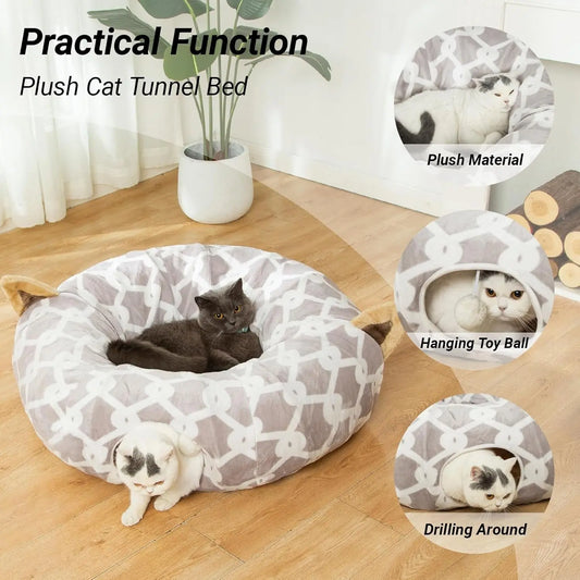 Plush Cat Tunnel Bed & Play Met - Large 10" x 3" Flexible Play Tube with Cushion & Toys for Cats, Kittens & Small Dogs