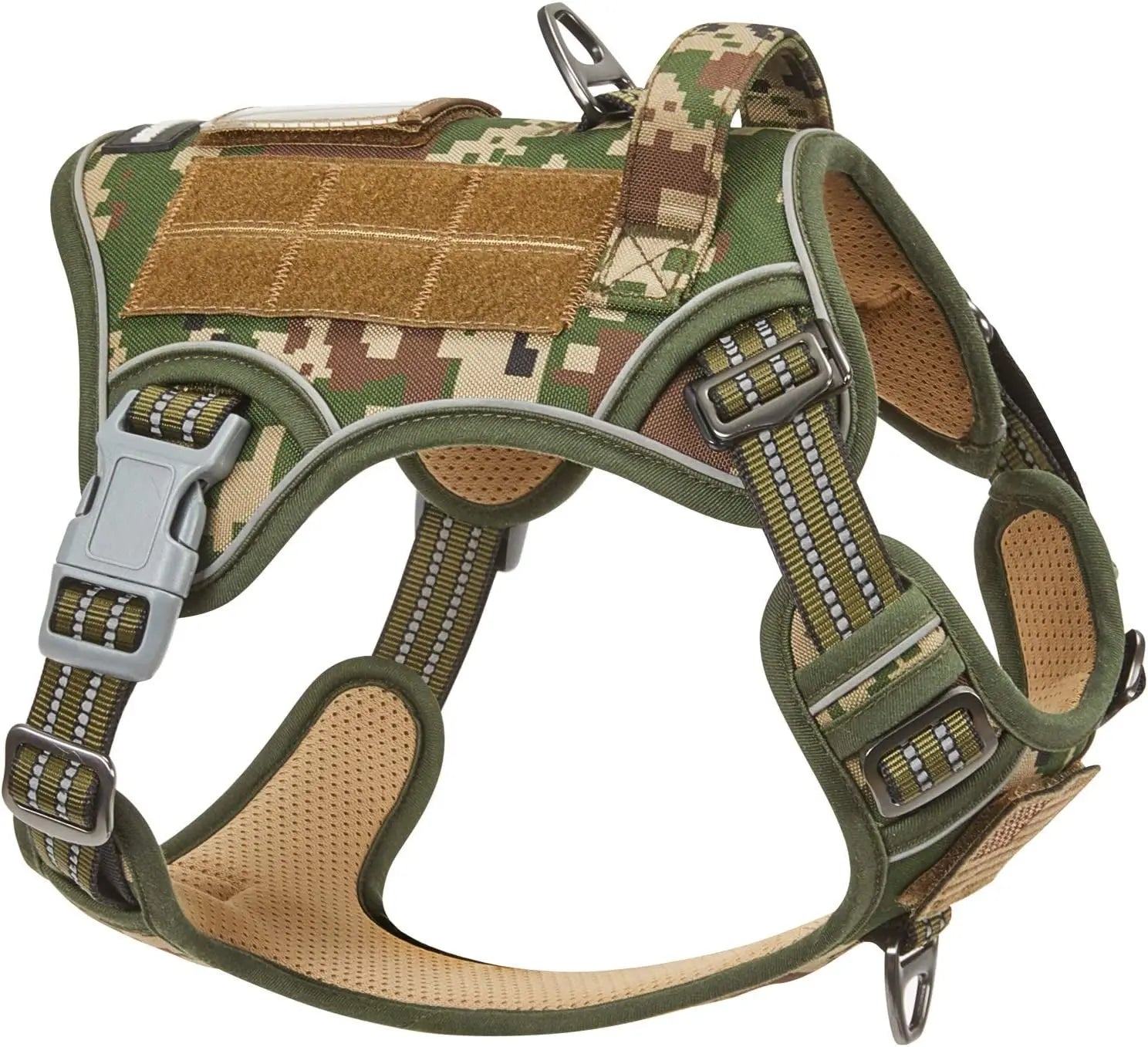 Tactical No Pull Dog Harness Large Dogs Adjustable Reflective Training Vest w/ Handle Forest Camo M(Neck:16-20", Chest:17-27")