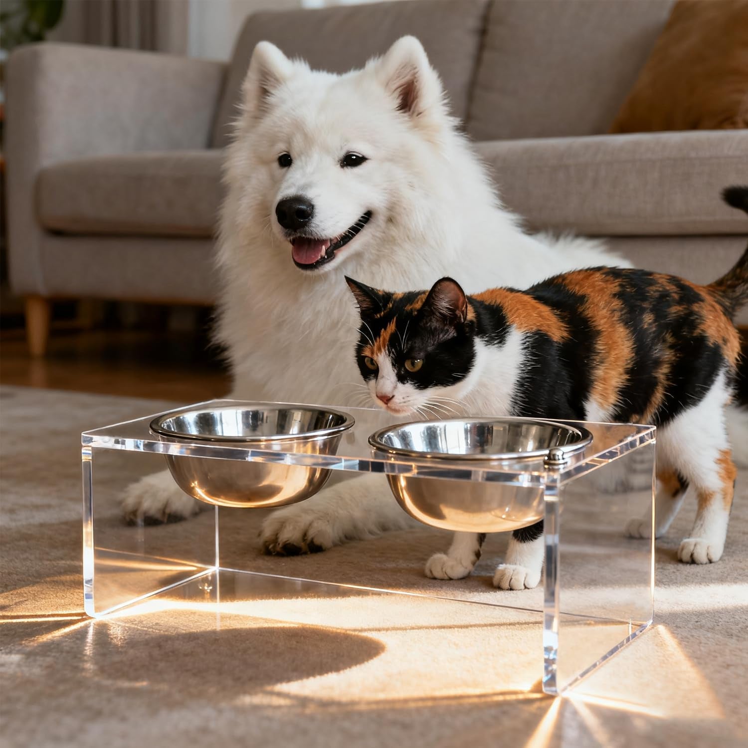 Acrylic Elevated Pet Bowls with Stand, Stainless Steel Feeder for Cats & Dogs