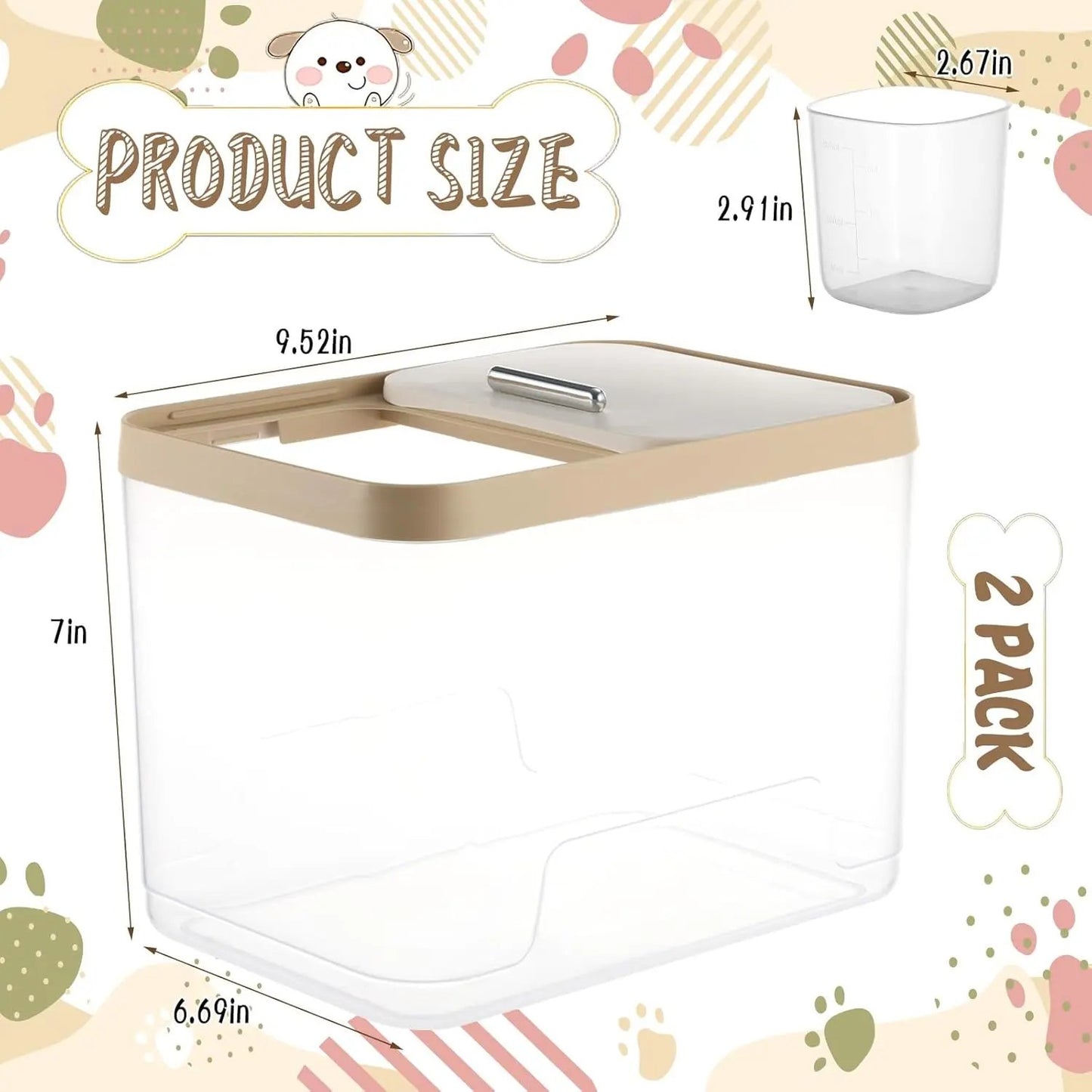 2 Pack Airtight Dog Food Storage Containers 10lb Clear Bins w/ Scoops Pet Treat Box