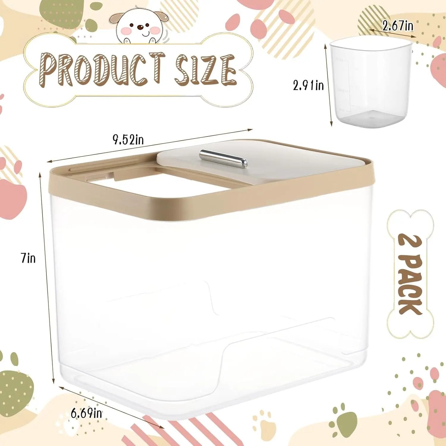 2 Pack Airtight Dog Food Storage Containers 10lb Clear Bins w/ Scoops Pet Treat Box