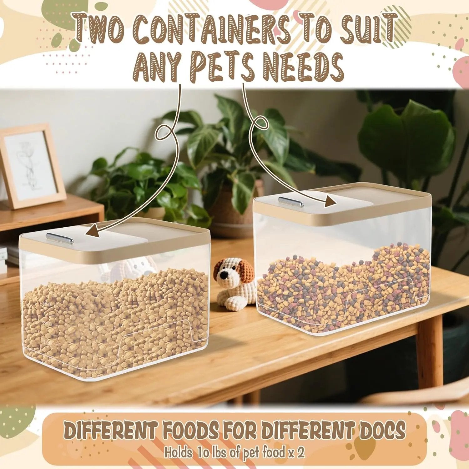 2 Pack Airtight Dog Food Storage Containers 10lb Clear Bins w/ Scoops Pet Treat Box