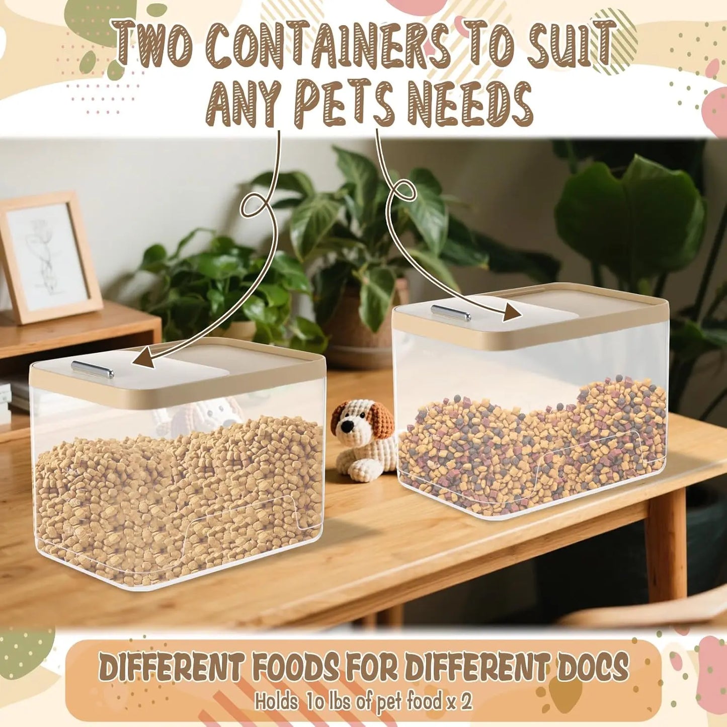 2 Pack Airtight Dog Food Storage Containers 10lb Clear Bins w/ Scoops Pet Treat Box