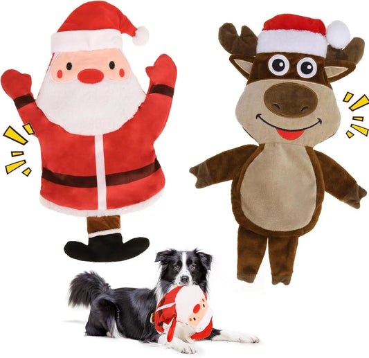 2-Pack Squeaky Christmas Dog Toys, Santa & Reindeer No-Stuffing Plush Set Christmas