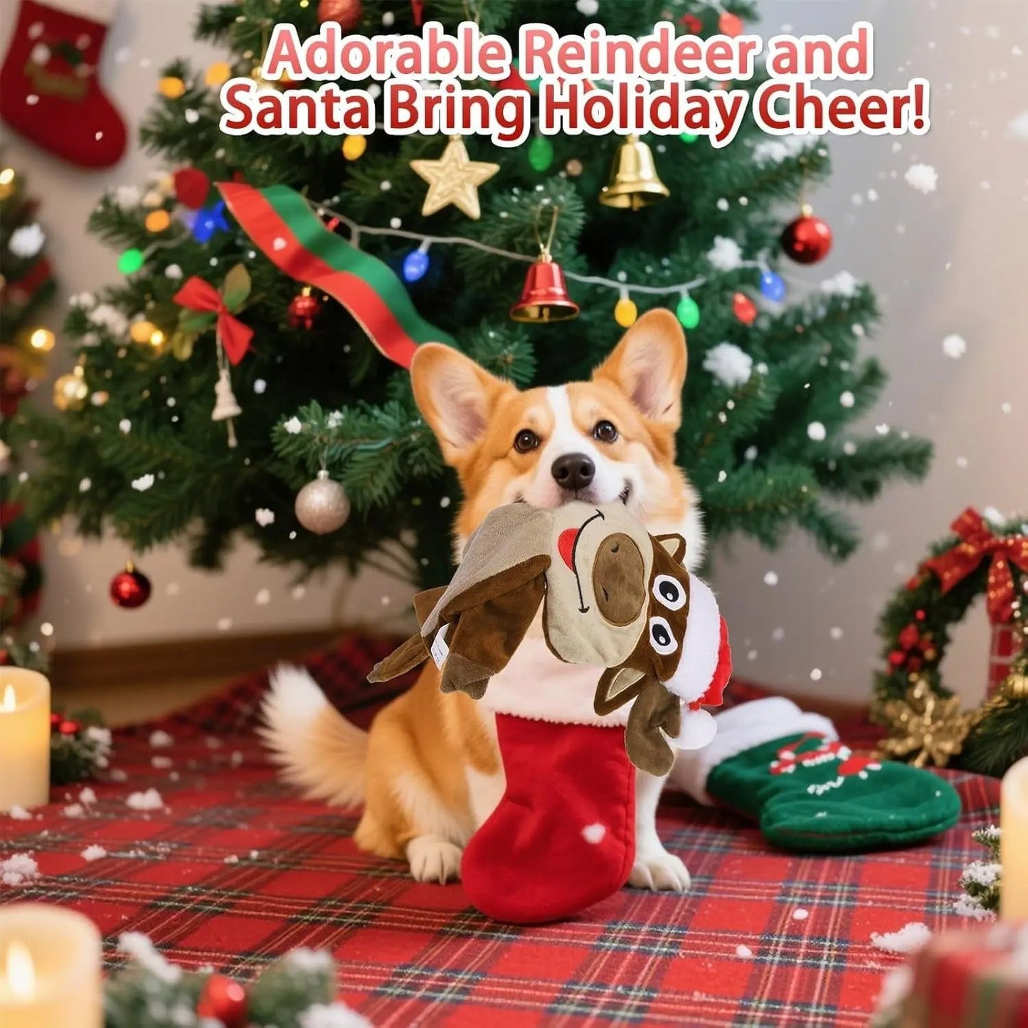 2-Pack Squeaky Christmas Dog Toys, Santa & Reindeer No-Stuffing Plush Set