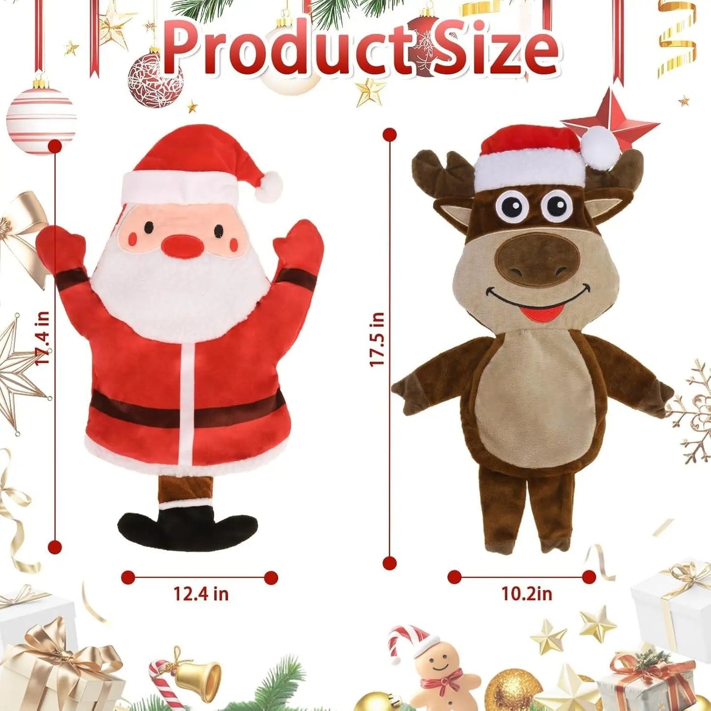 2-Pack Squeaky Christmas Dog Toys, Santa & Reindeer No-Stuffing Plush Set