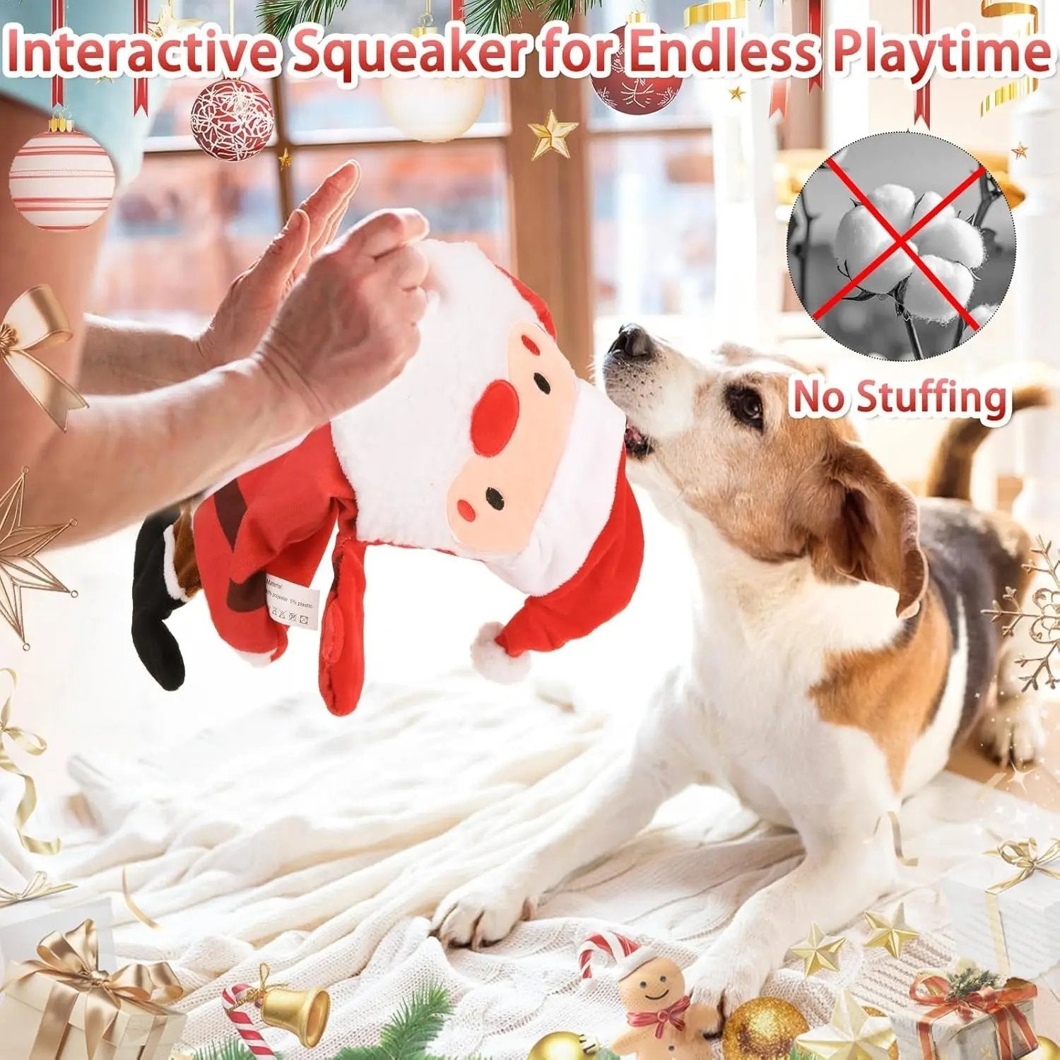 2-Pack Squeaky Christmas Dog Toys, Santa & Reindeer No-Stuffing Plush Set