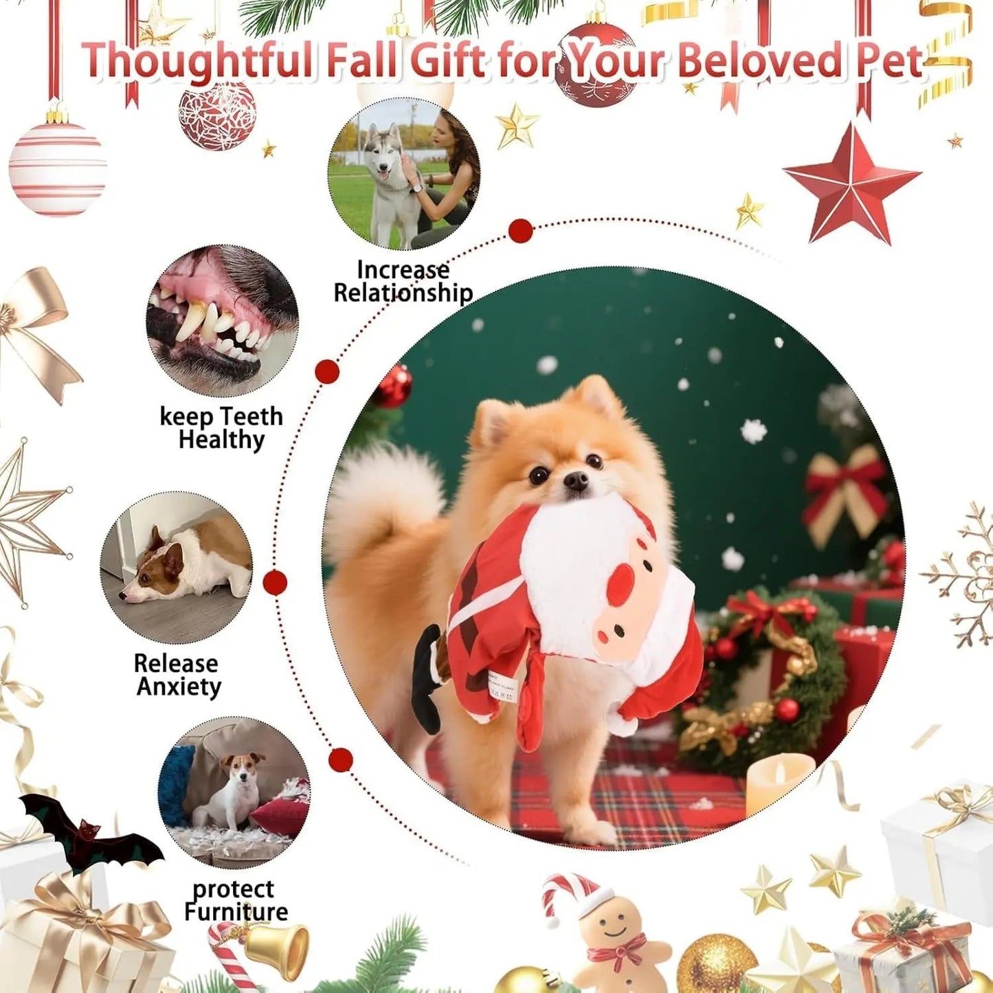 2-Pack Squeaky Christmas Dog Toys, Santa & Reindeer No-Stuffing Plush Set