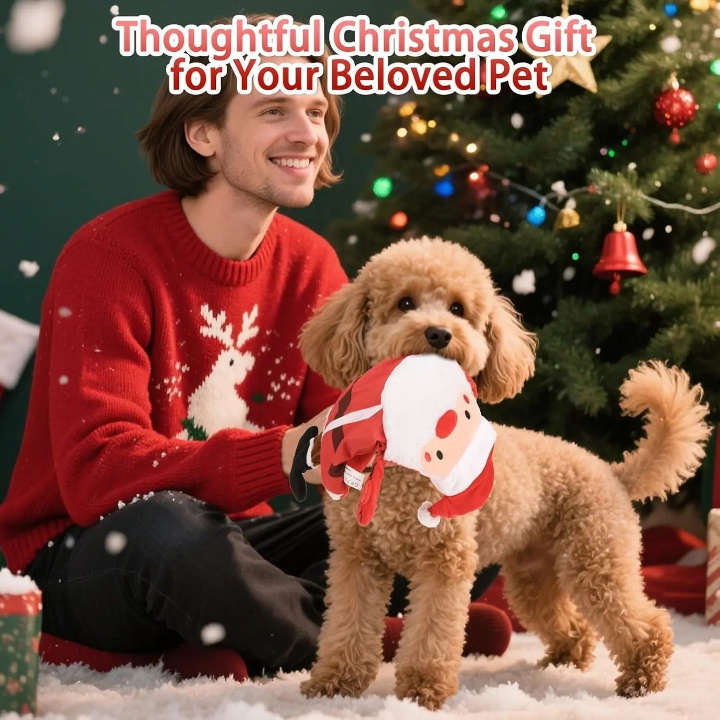 2-Pack Squeaky Christmas Dog Toys, Santa & Reindeer No-Stuffing Plush Set