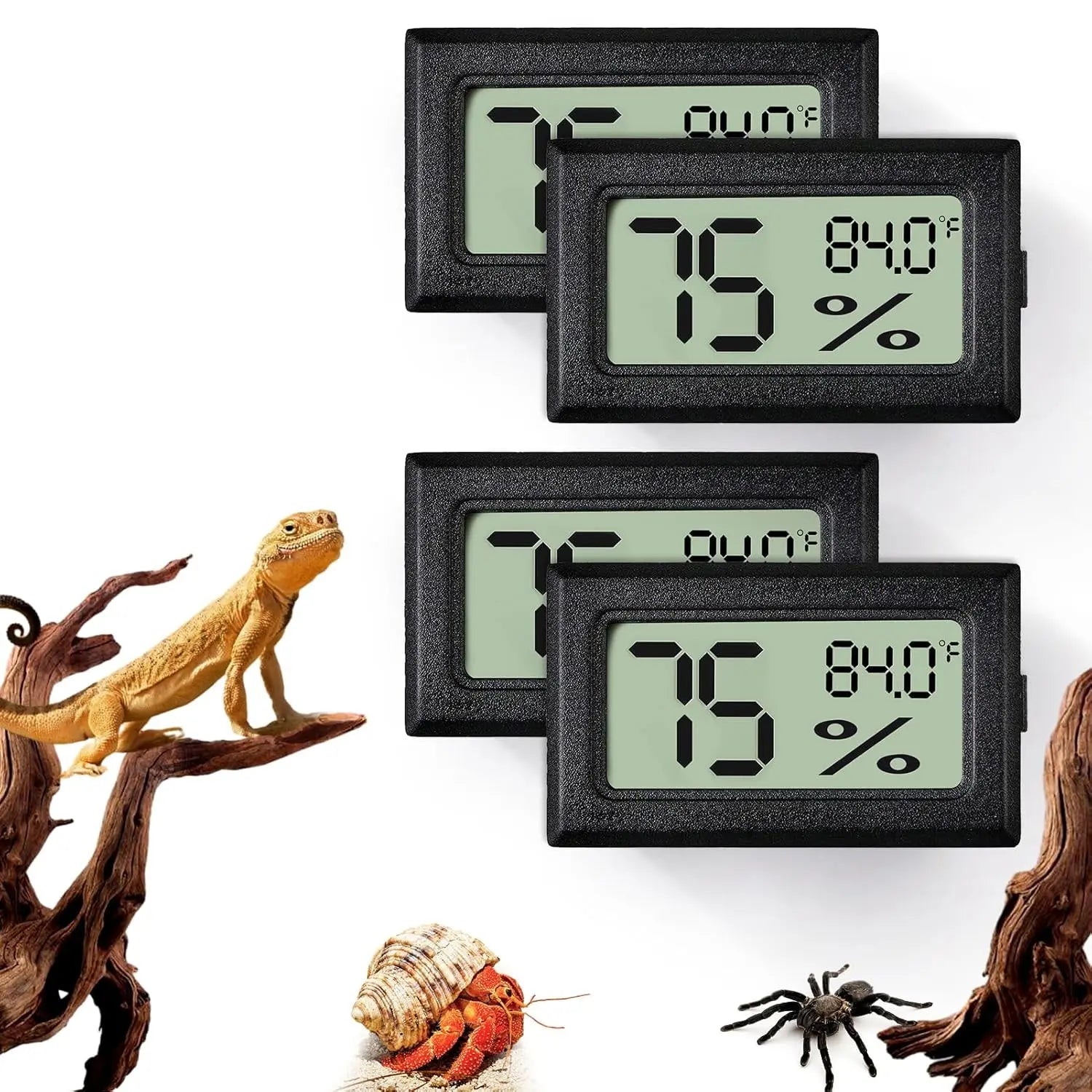 2 Pack Reptile Thermometer Hygrometer Digital Tank Gauge Accurate Black Rectangle 4Pcs