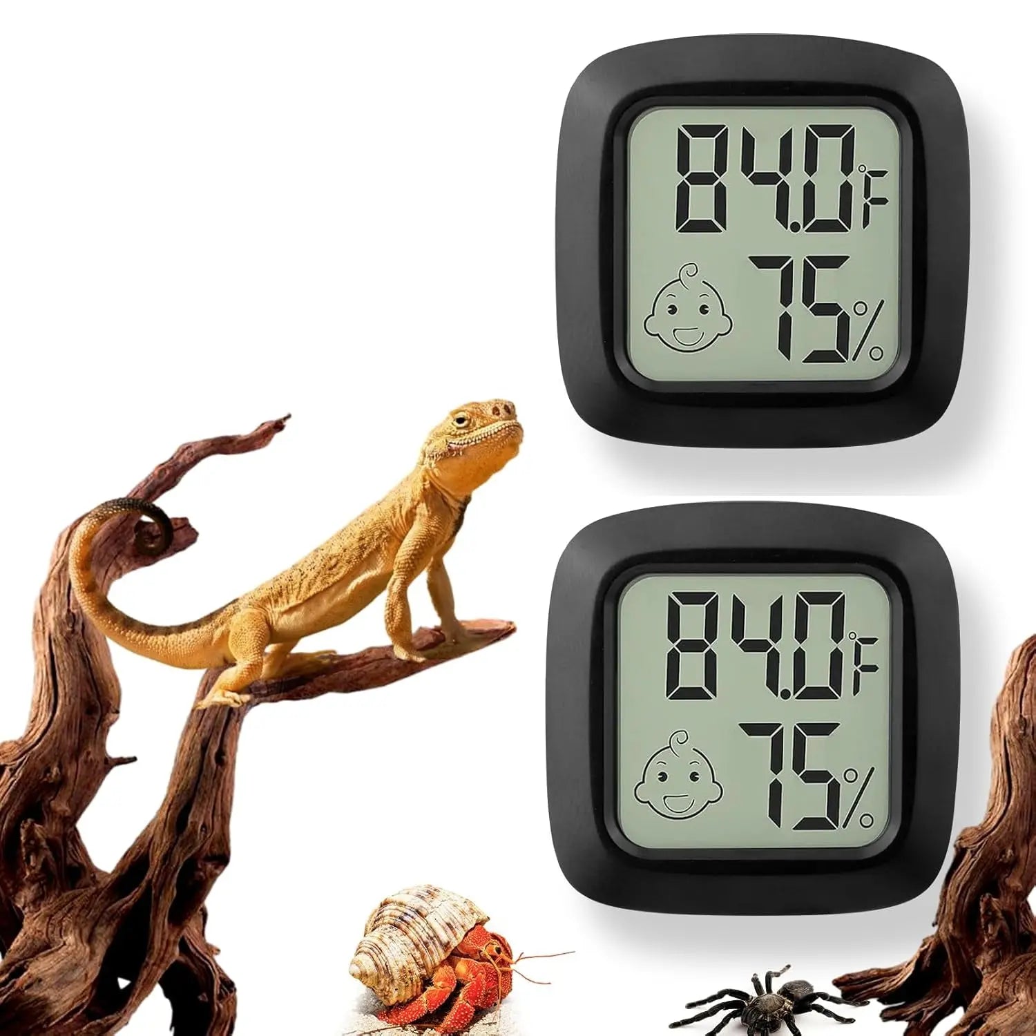 2 Pack Reptile Thermometer Hygrometer Digital Tank Gauge Accurate Black Square