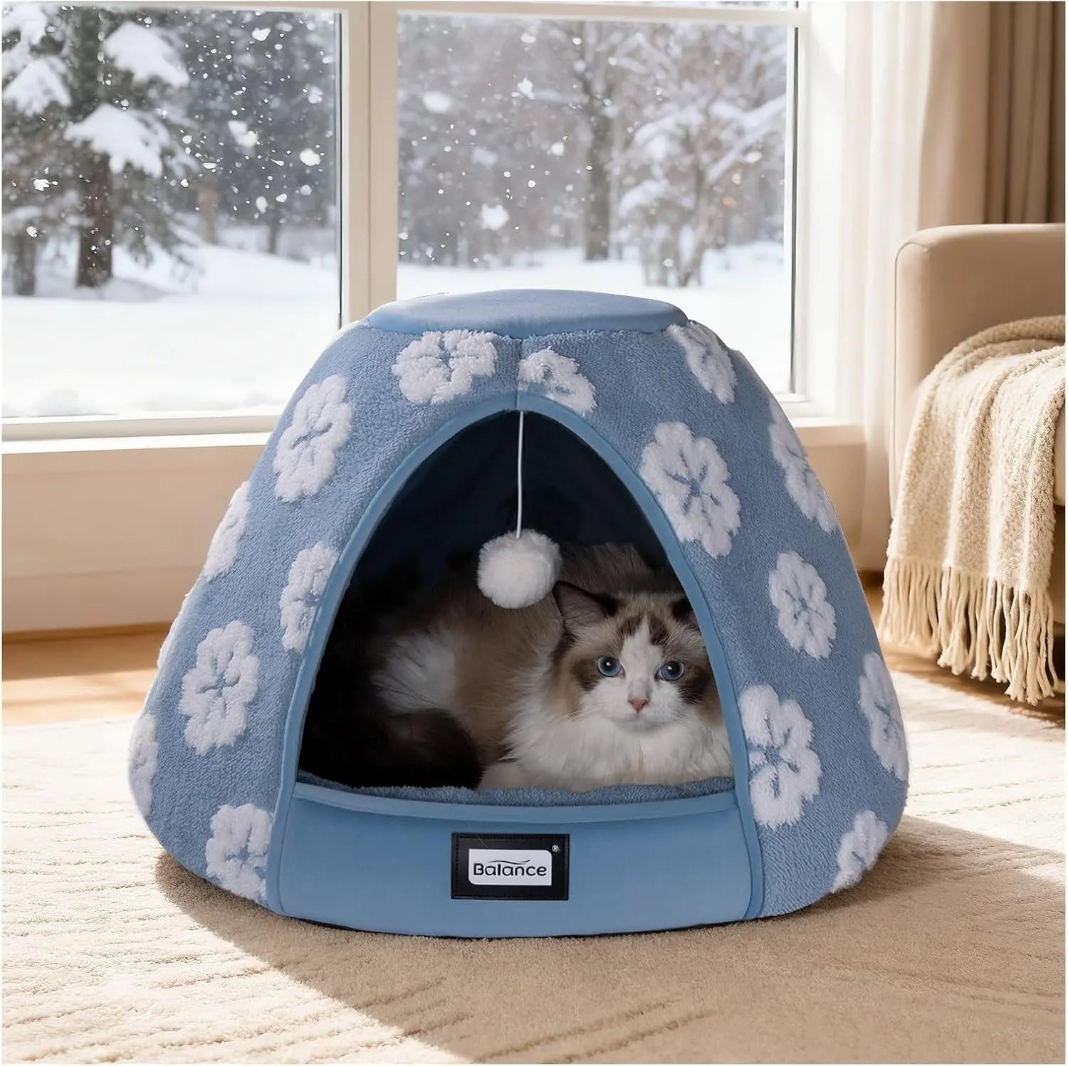 2-in-1 Cat Cave Bed Tent for Indoor Cats 19 Inch Plush Blue 21"L X 21"W X 16"Th