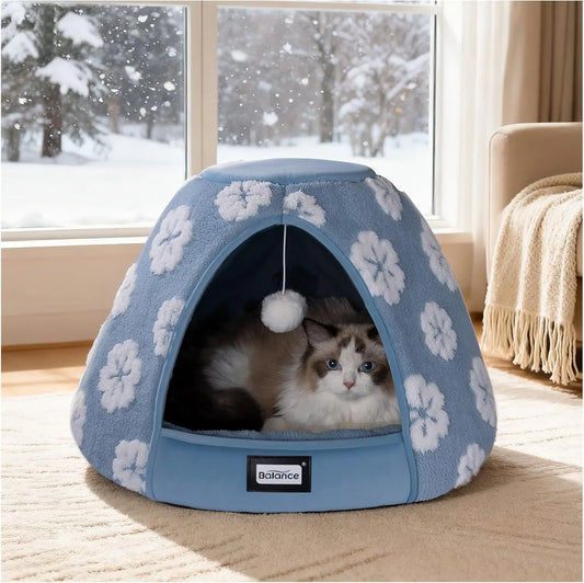 2-in-1 Cat Cave Bed Tent for Indoor Cats 19 Inch Plush Blue 21"L X 21"W X 16"Th