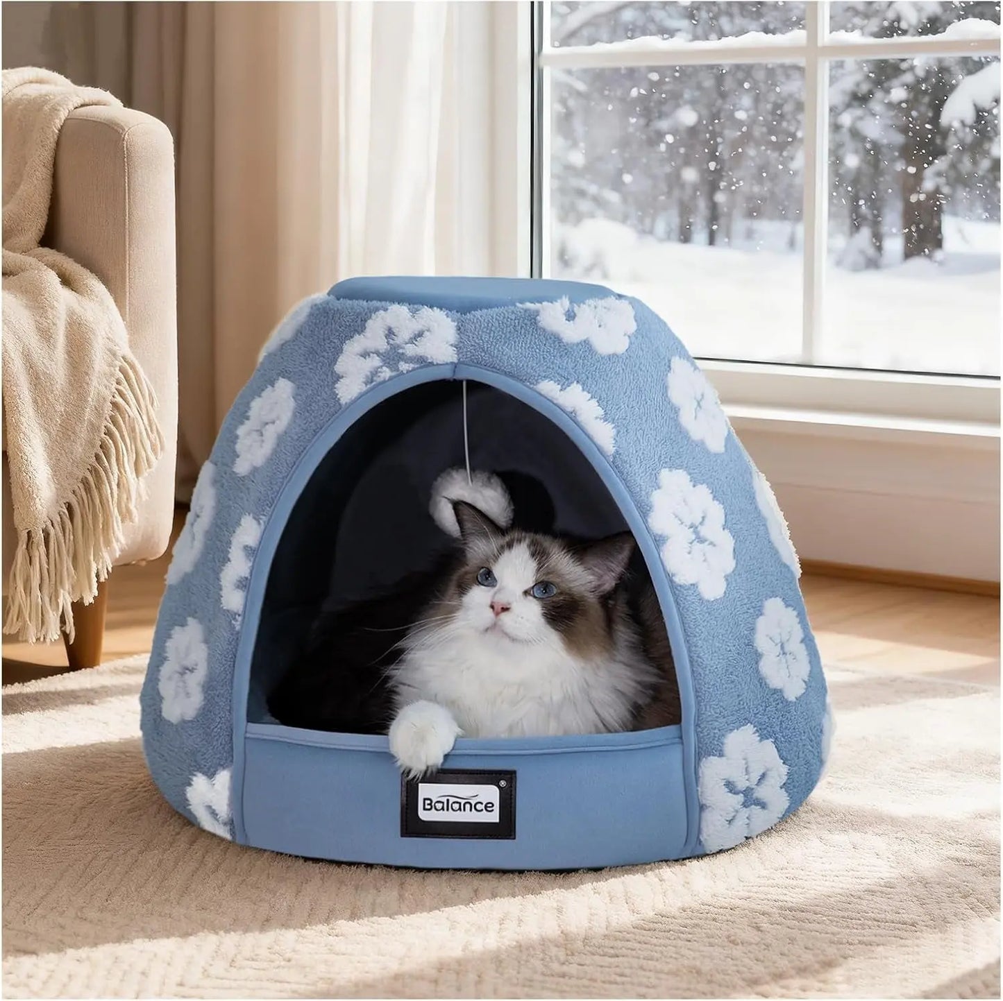2-in-1 Cat Cave Bed Tent for Indoor Cats 19 Inch Plush Blue 19"L X 19"W X 16"Th