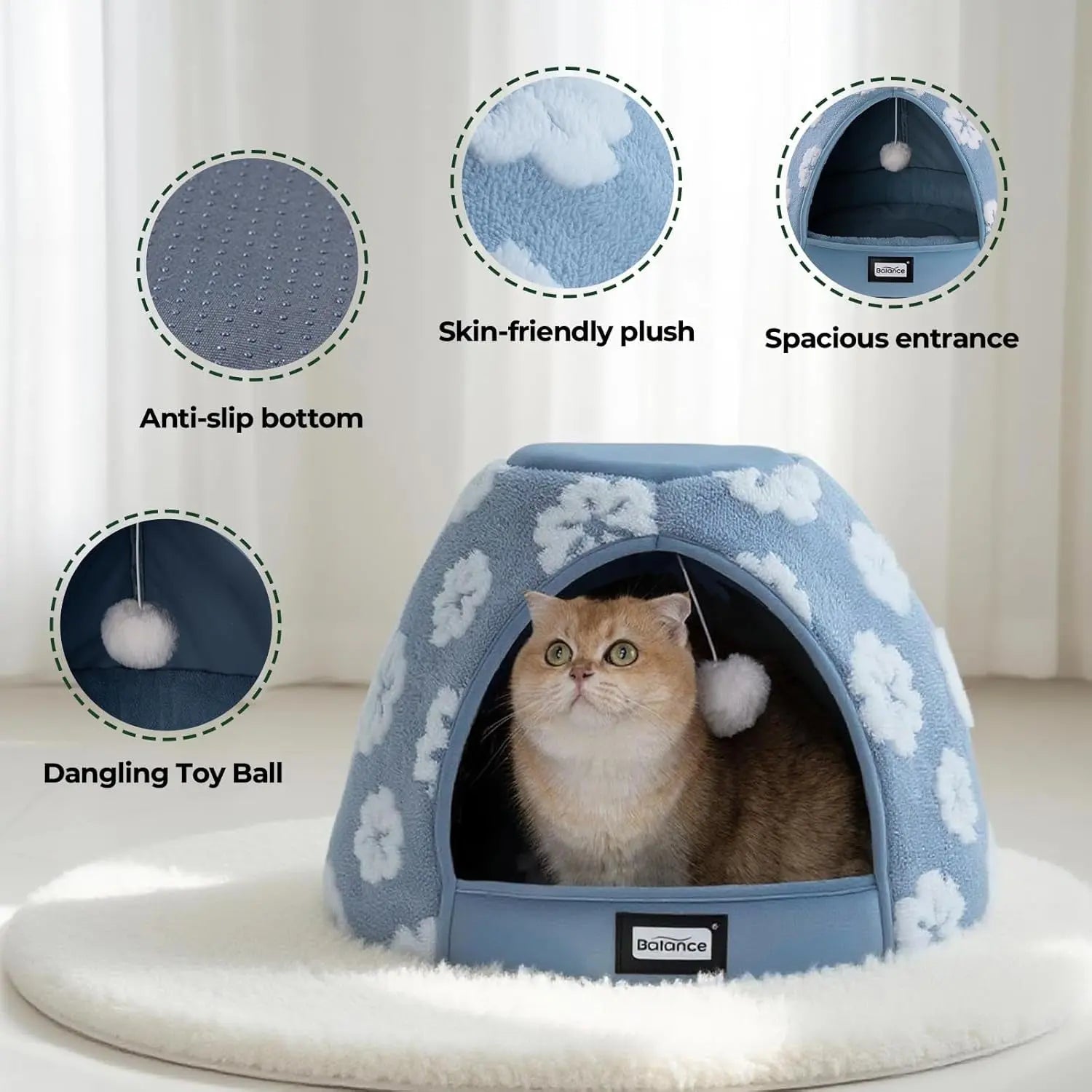 2-in-1 Cat Cave Bed Tent for Indoor Cats 19 Inch Plush
