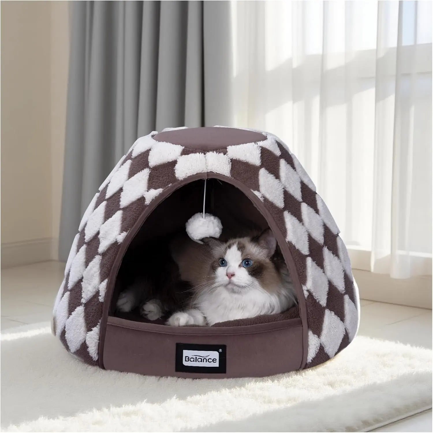 2-in-1 Cat Cave Bed Tent for Indoor Cats 19 Inch Plush Dark Brown