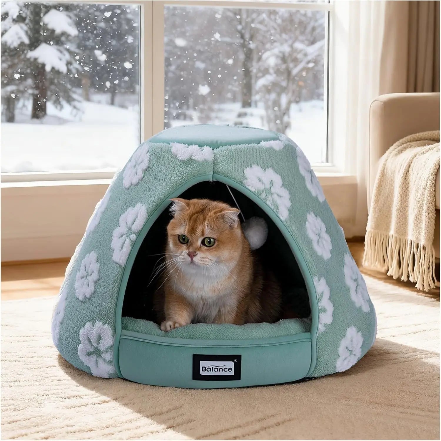2-in-1 Cat Cave Bed Tent for Indoor Cats 19 Inch Plush Green 21"L X 21"W X 16"Th