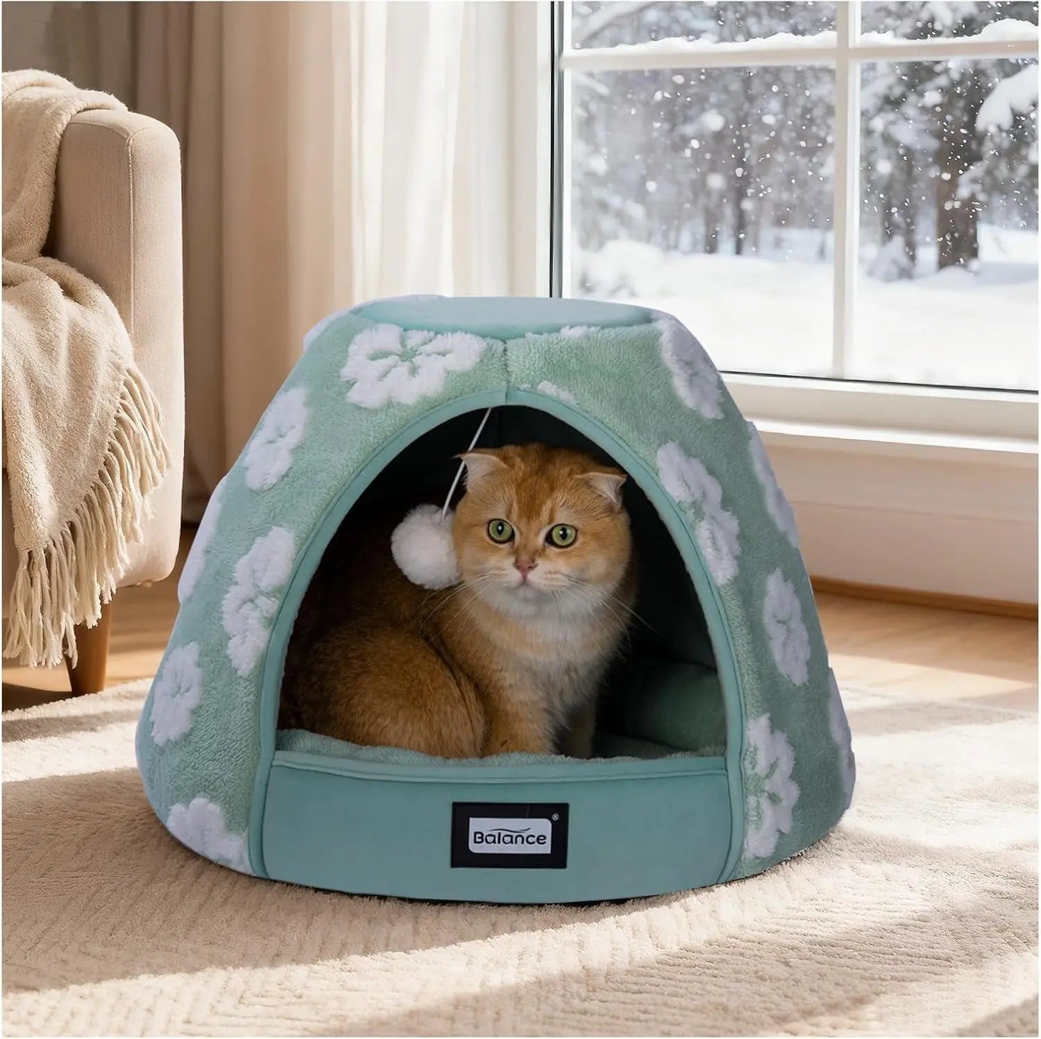 2-in-1 Cat Cave Bed Tent for Indoor Cats 19 Inch Plush Green 19"L X 19"W X 16"Th