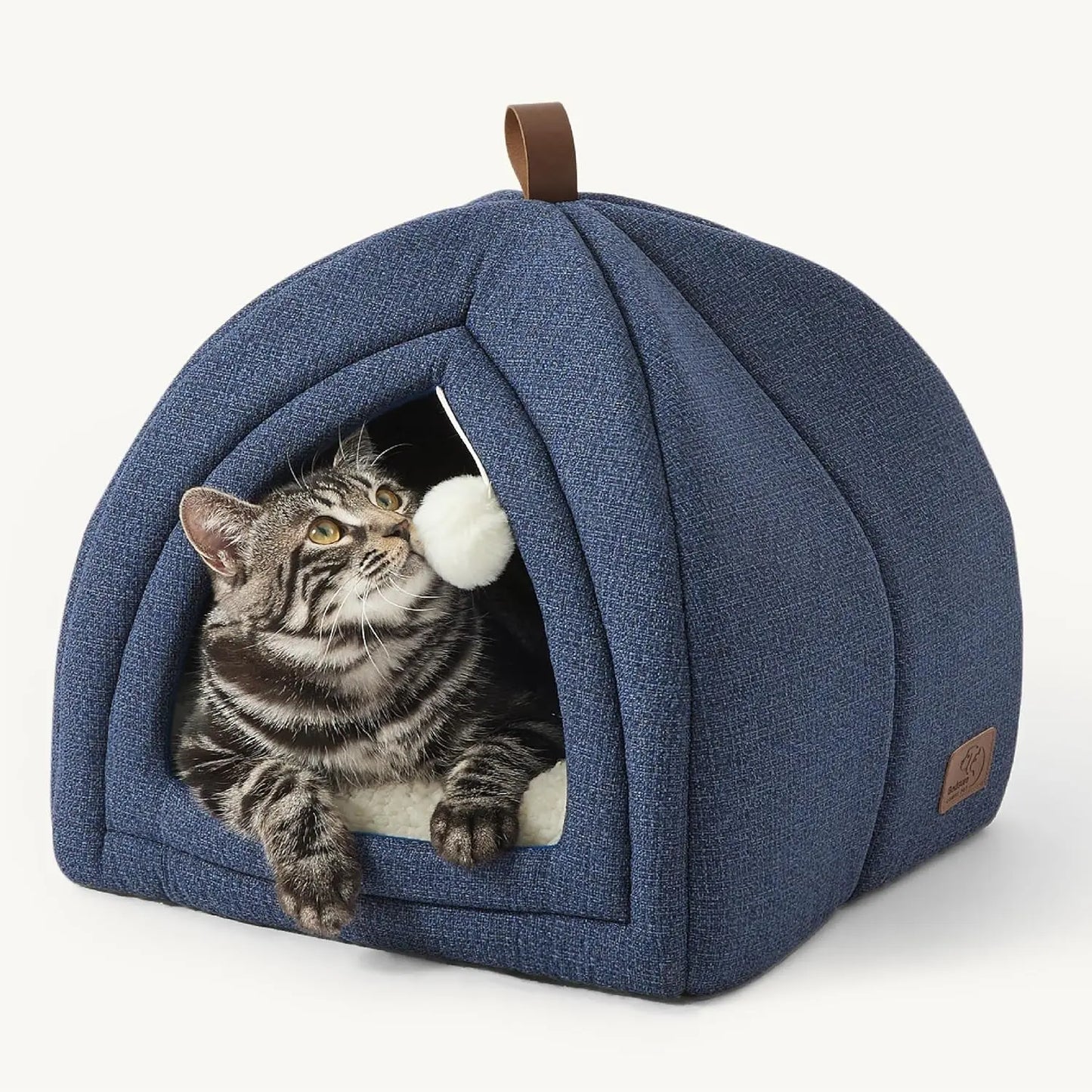 2-in-1 Cat Cave Bed – Foldable Indoor Cat Tent with Washable Cushion, Sizes S-L Navy M(16X16X16)