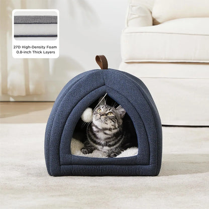 2-in-1 Cat Cave Bed – Foldable Indoor Cat Tent with Washable Cushion, Sizes S-L