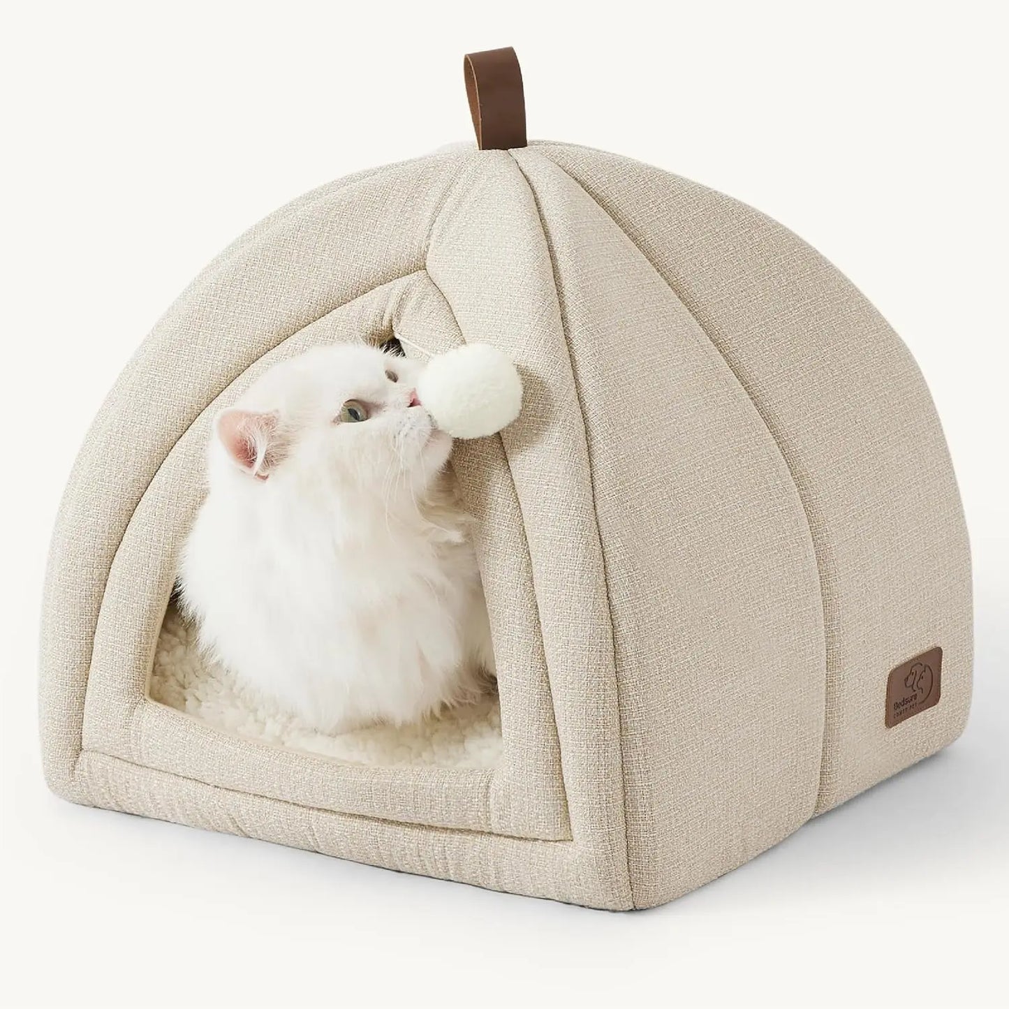 2-in-1 Cat Cave Bed – Foldable Indoor Cat Tent with Washable Cushion, Sizes S-L Beige M(16X16X16)