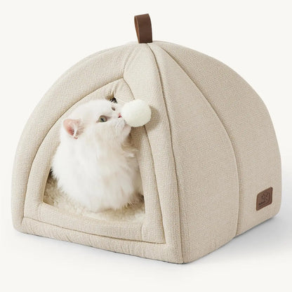 2-in-1 Cat Cave Bed – Foldable Indoor Cat Tent with Washable Cushion, Sizes S-L Beige M(16X16X16)