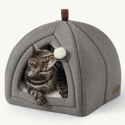 2-in-1 Cat Cave Bed – Foldable Indoor Cat Tent with Washable Cushion, Sizes S-L Grey M(16X16X16)