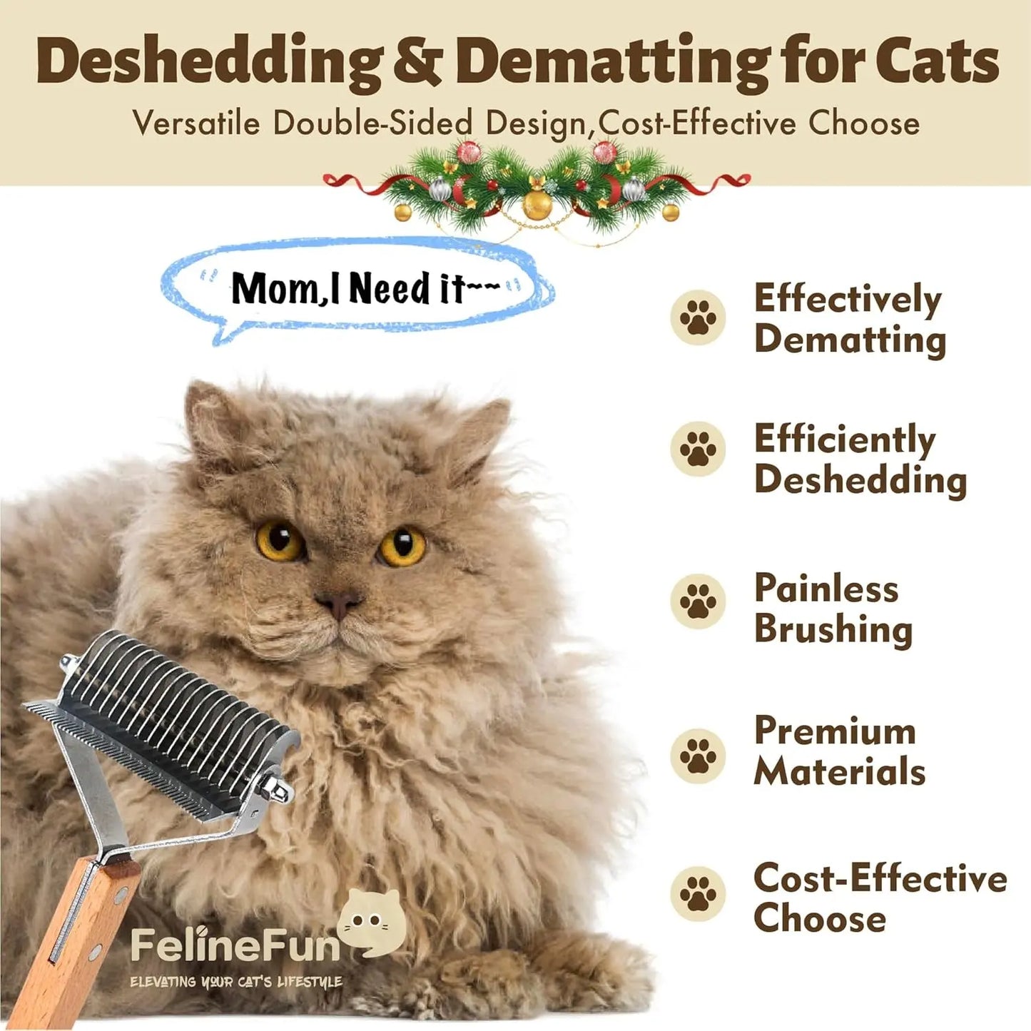 2-in-1 Cat Dematting & Deshedding Brush Undercoat Rake for Long Hair Cats