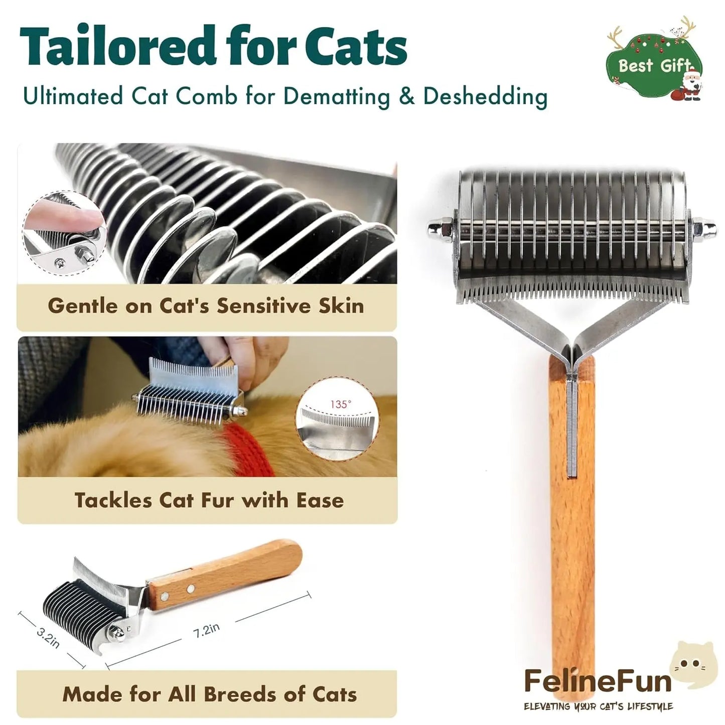 2-in-1 Cat Dematting & Deshedding Brush Undercoat Rake for Long Hair Cats