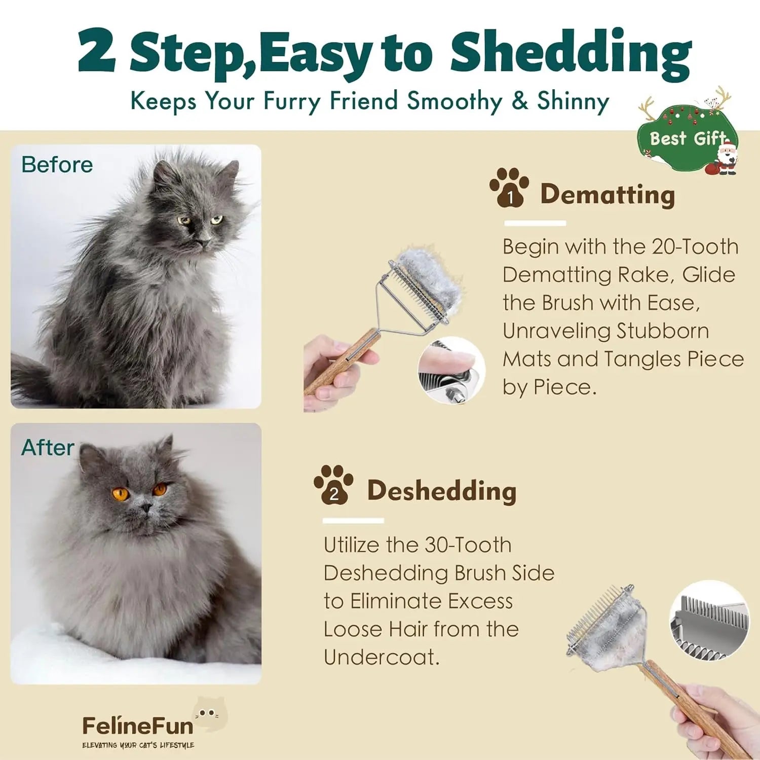 2-in-1 Cat Dematting & Deshedding Brush Undercoat Rake for Long Hair Cats