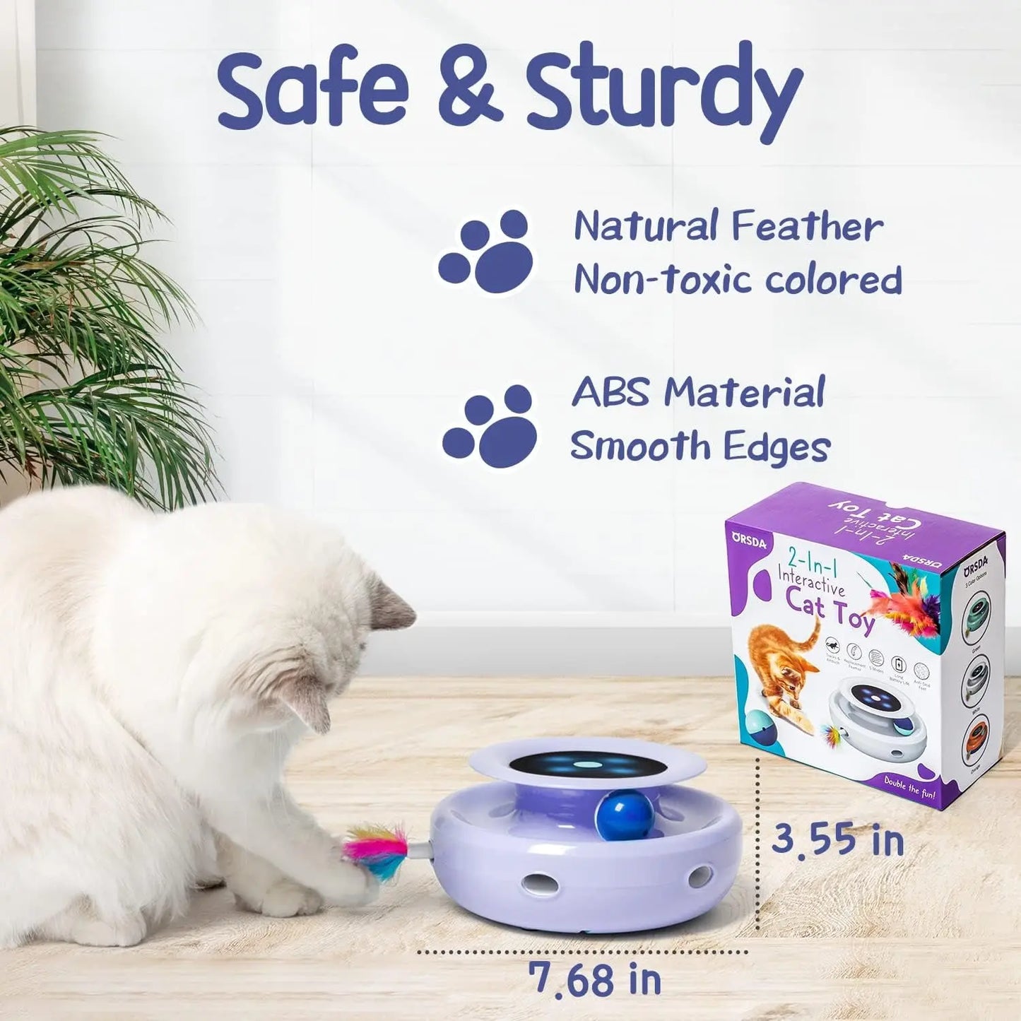2-in-1 Interactive Cat Toy for Indoor Cats, Automatic Ball & Feather Play with 7 Attachments, Adjustable Speed, Dual Power