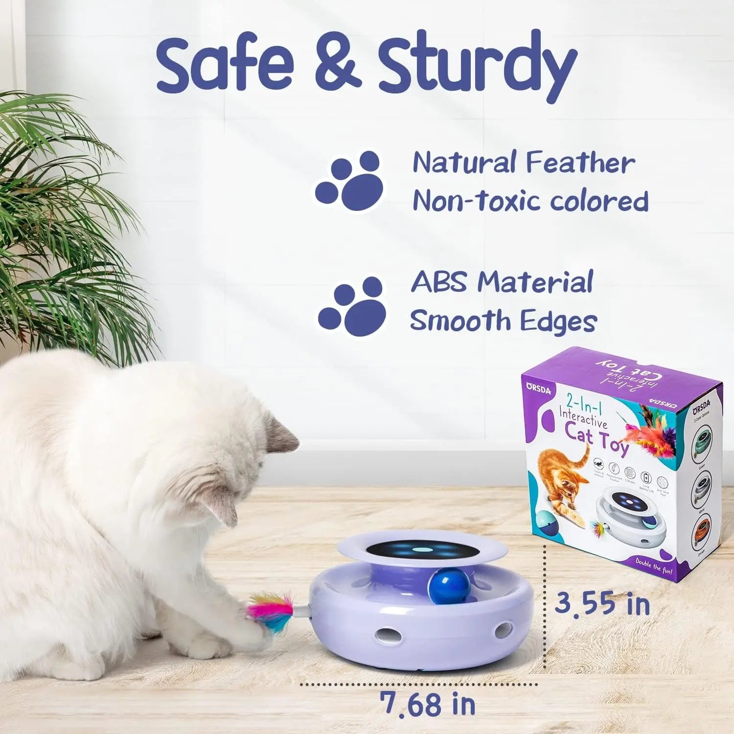 2-in-1 Interactive Cat Toy for Indoor Cats, Automatic Ball & Feather Play with 7 Attachments, Adjustable Speed, Dual Power
