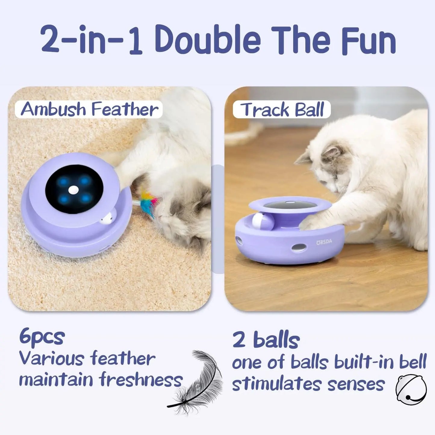 2-in-1 Interactive Cat Toy for Indoor Cats, Automatic Ball & Feather Play with 7 Attachments, Adjustable Speed, Dual Power