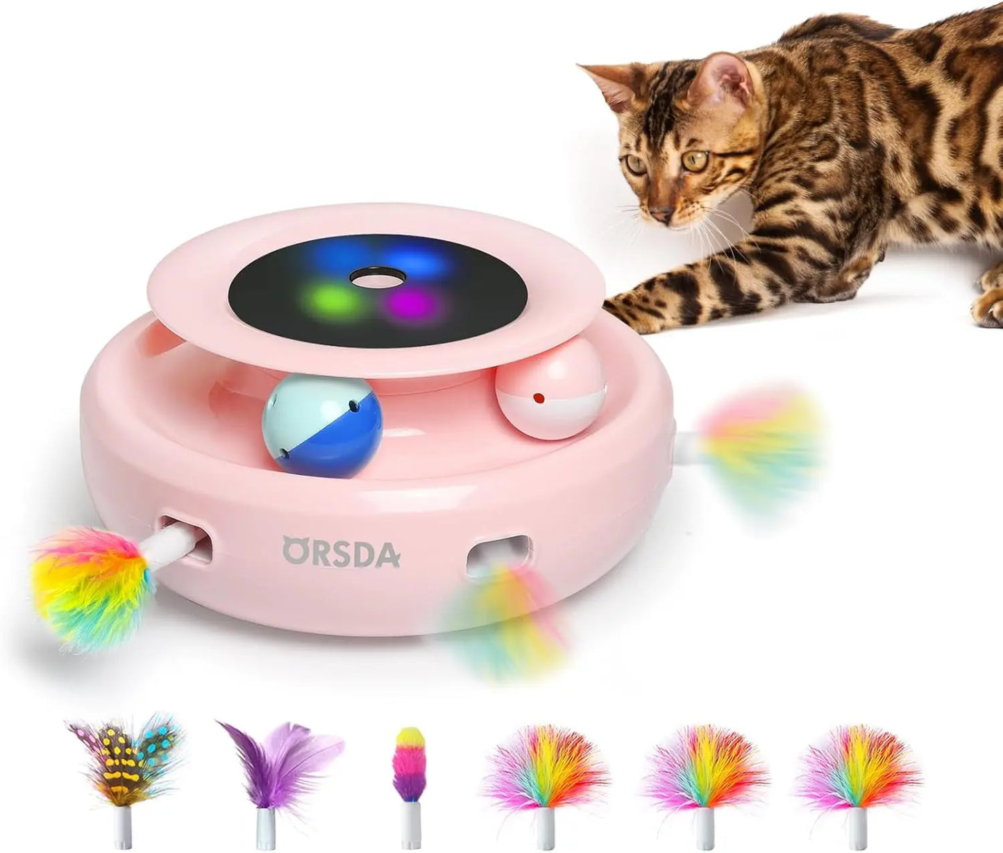 2-in-1 Interactive Cat Toy for Indoor Cats, Automatic Ball & Feather Play with 7 Attachments, Adjustable Speed, Dual Power Cherry Blossom Pink