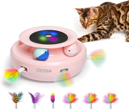 2-in-1 Interactive Cat Toy for Indoor Cats, Automatic Ball & Feather Play with 7 Attachments, Adjustable Speed, Dual Power Cherry Blossom Pink