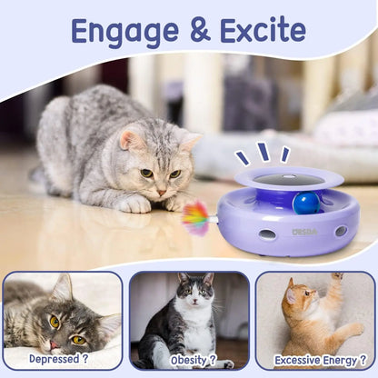 2-in-1 Interactive Cat Toy for Indoor Cats, Automatic Ball & Feather Play with 7 Attachments, Adjustable Speed, Dual Power