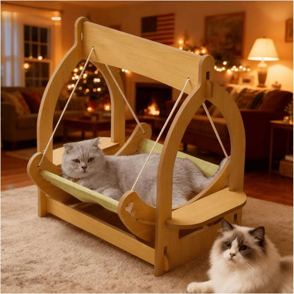 2-in-1 Wooden Cat Hammock Bed, Breathable Hanging Cat Bed w/ Cushion Default Title