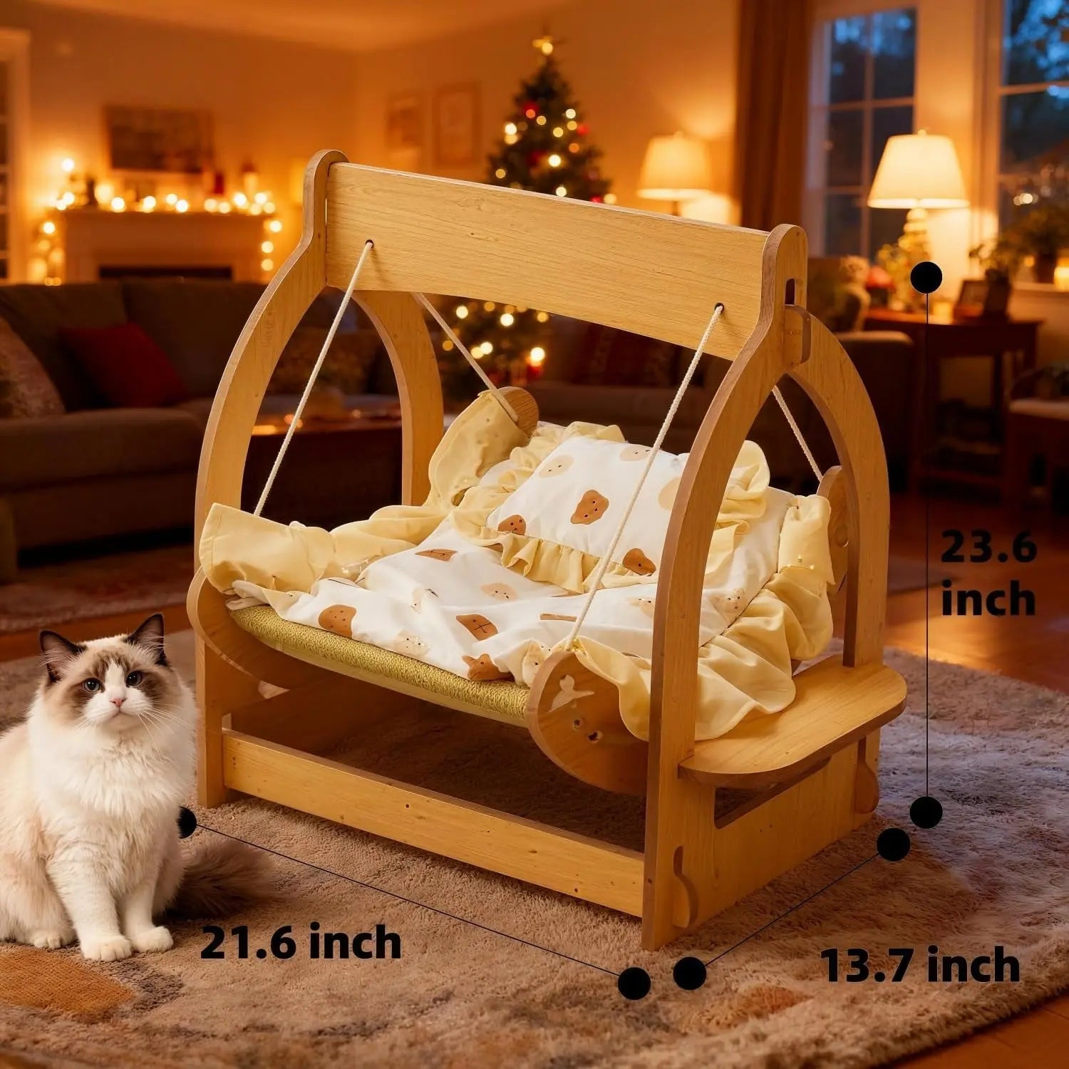 2-in-1 Wooden Cat Hammock Bed, Breathable Hanging Cat Bed w/ Cushion