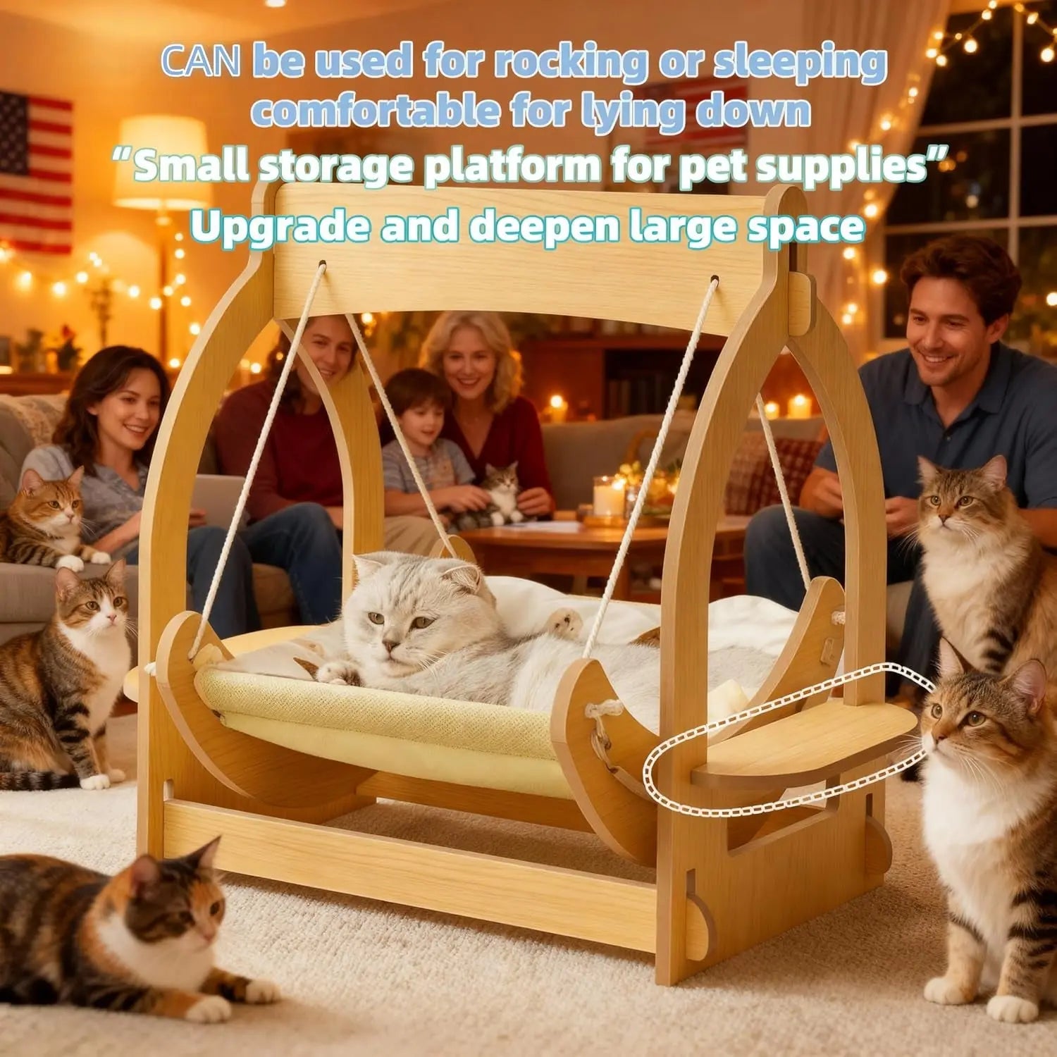 2-in-1 Wooden Cat Hammock Bed, Breathable Hanging Cat Bed w/ Cushion