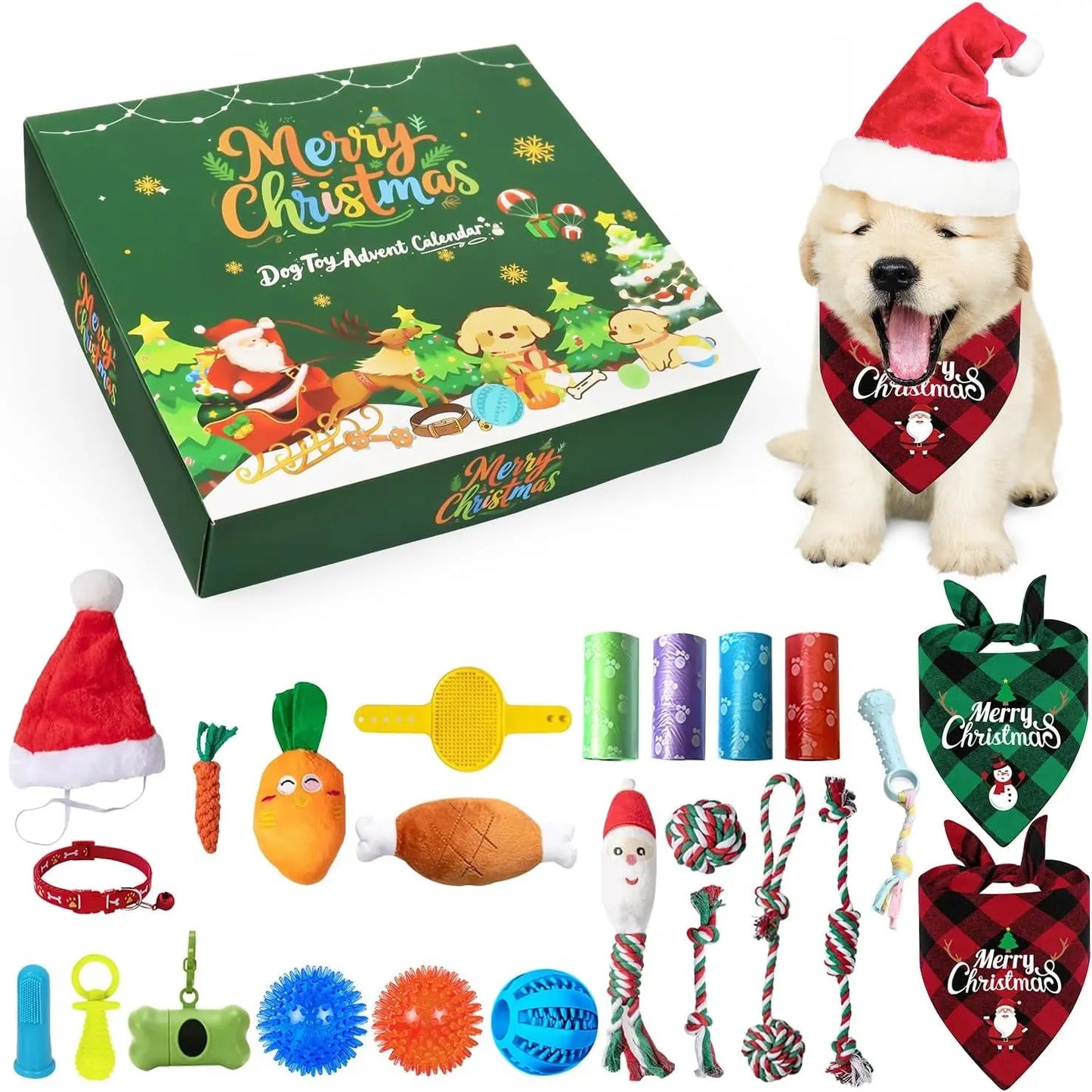 2025 Christmas Cat Toy Advent Calendar 24-Day Countdown with Cat Toys Green Dog 24