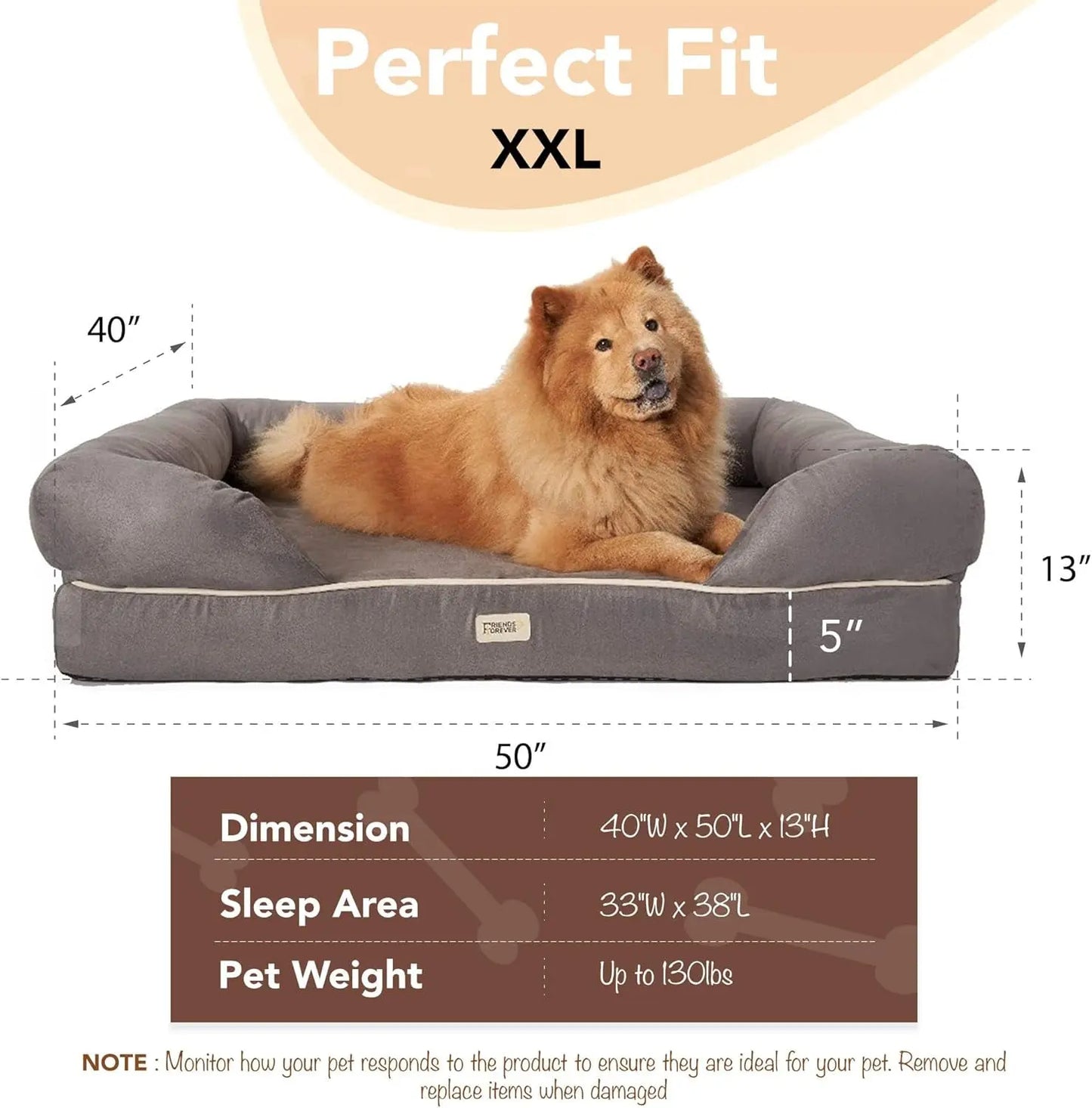 Chester Xx-Large Dog Bed - Orthopedic Memory Foam Mattress, Calming Couch Bed, Wall Rim Pillow, Water Resistant Liner, Washable Cover, Non-Slip Bottom