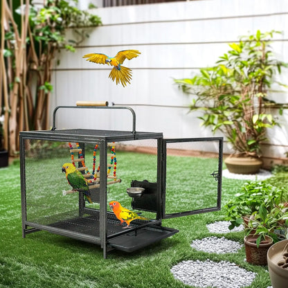 22" Portable Travel Bird Cage – Wrought Iron Carrier with Swing for Small Parrots