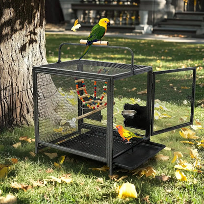 22"Portable Travel Bird Cage – Wrought Iron Carrier with Swing for Small Parrots