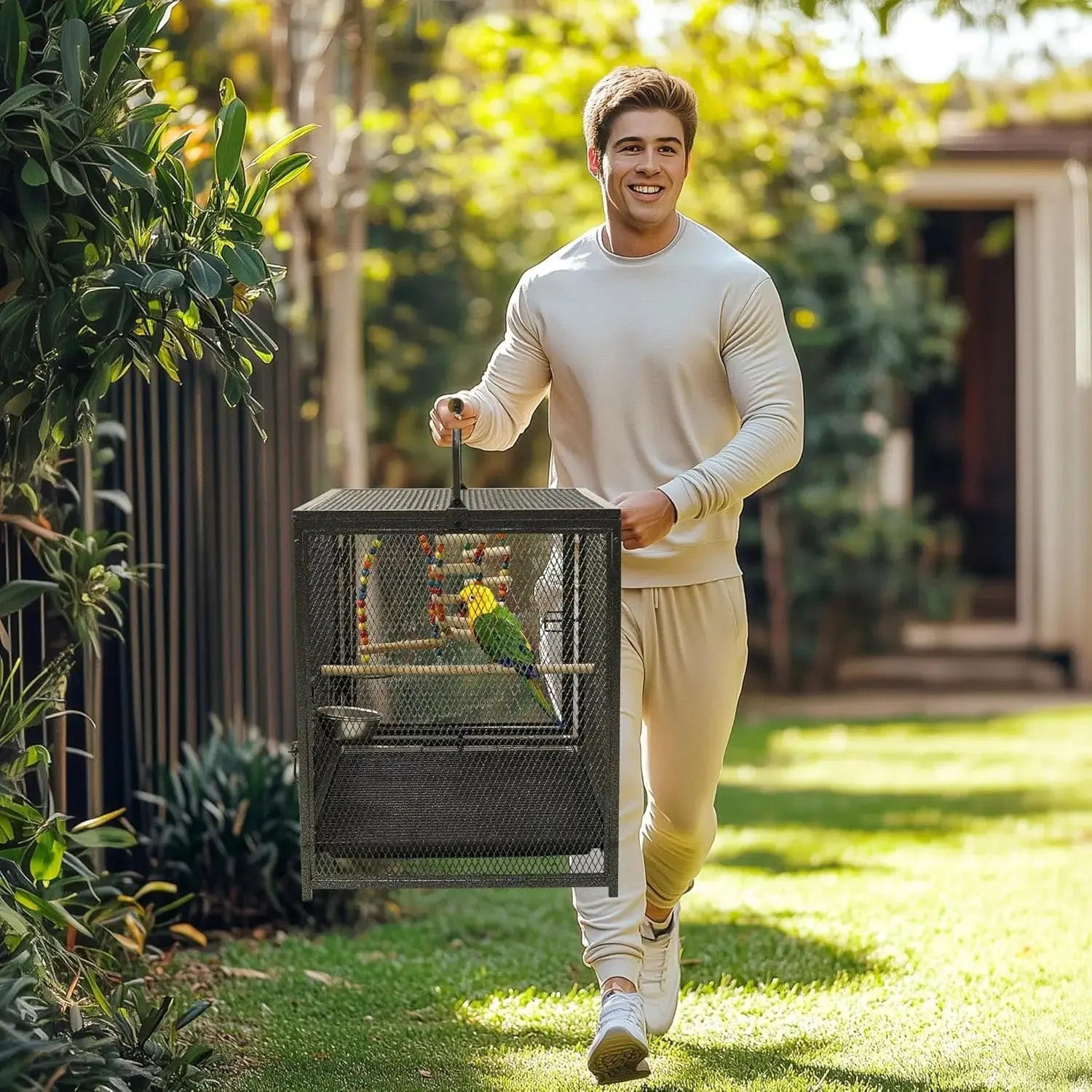 22"Portable Travel Bird Cage – Wrought Iron Carrier with Swing for Small Parrots