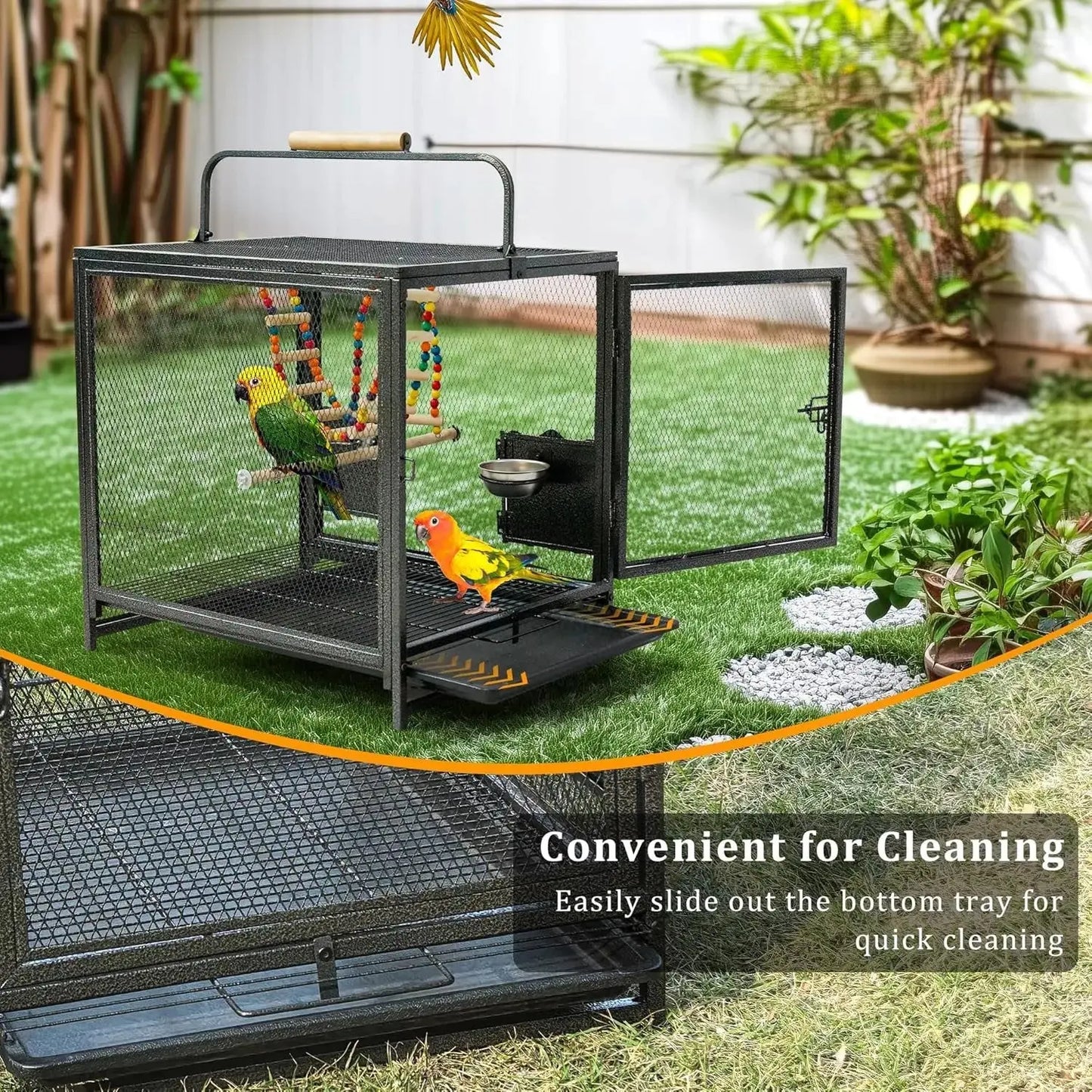 22"Portable Travel Bird Cage – Wrought Iron Carrier with Swing for Small Parrots